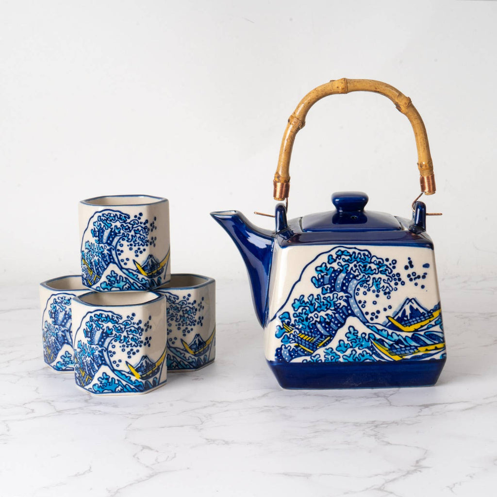 Great Wave Japanese Tea Set 20oz Tea Pot with 4 Hexagon Cups | Gift Box by The Bullish Store