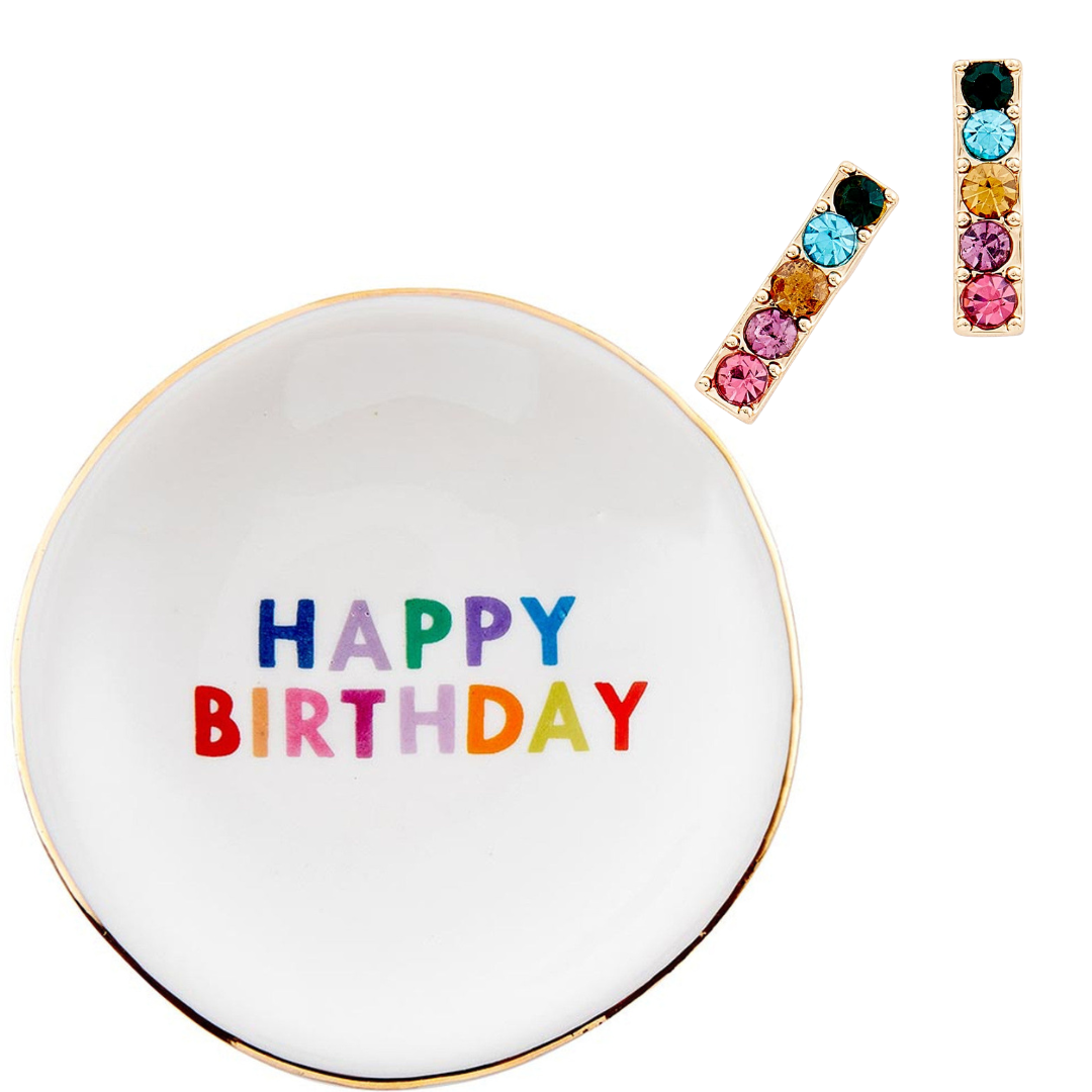 Happy Birthday Trinket Tray & Earring Set | Ceramic Dish Tray and Jewelry Gem Stones Earring Gift Set | Gift for Her by The Bullish Store