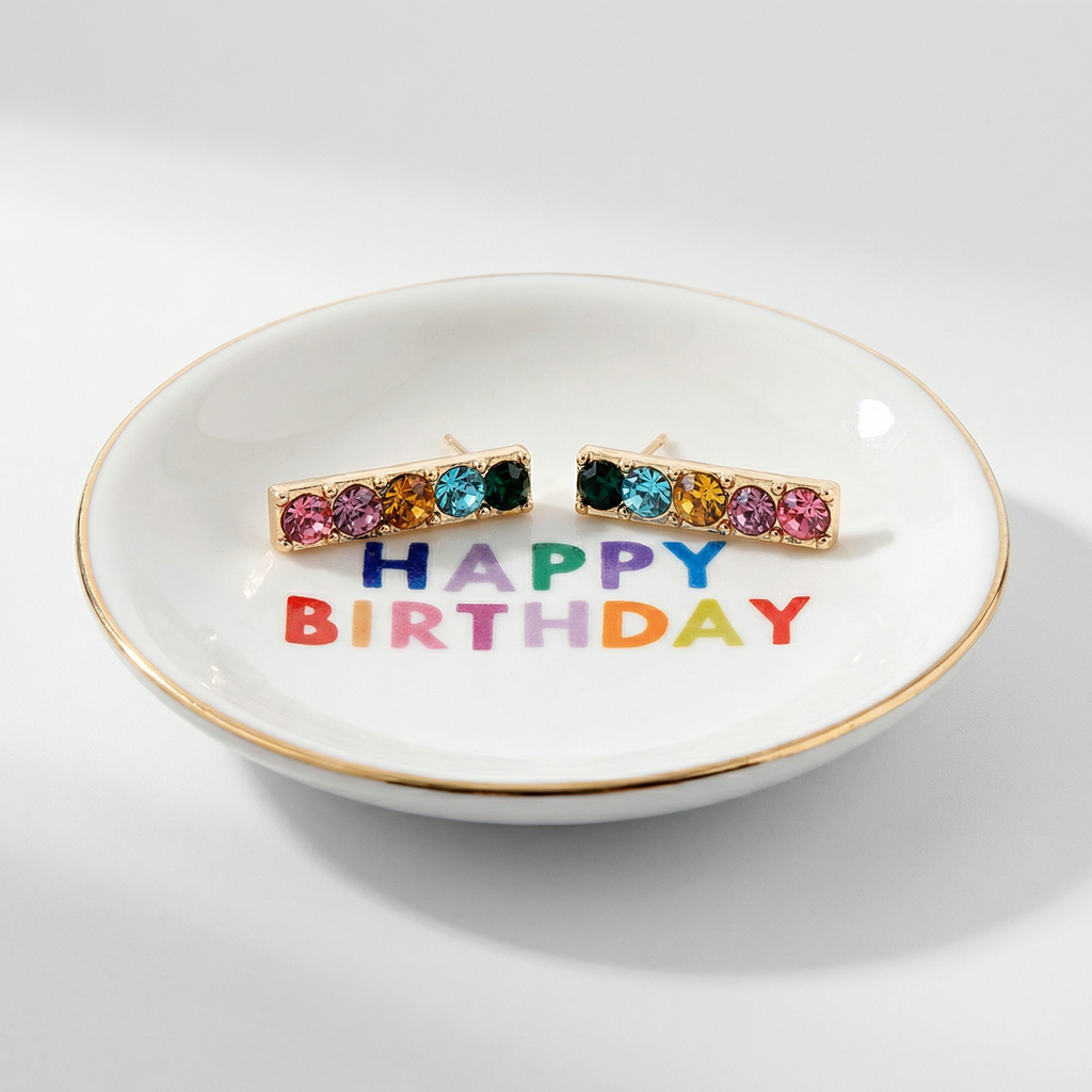 Happy Birthday Trinket Tray & Earring Set | Ceramic Dish Tray and Jewelry Gem Stones Earring Gift Set | Gift for Her by The Bullish Store