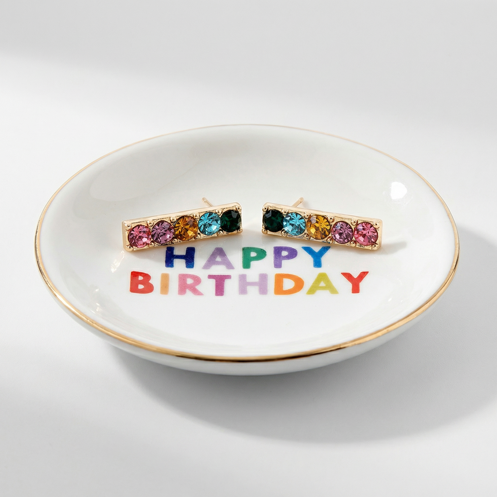 Happy Birthday Trinket Tray & Earring Set | Ceramic Dish Tray and Jewelry Gem Stones Earring Gift Set | Gift for Her by The Bullish Store