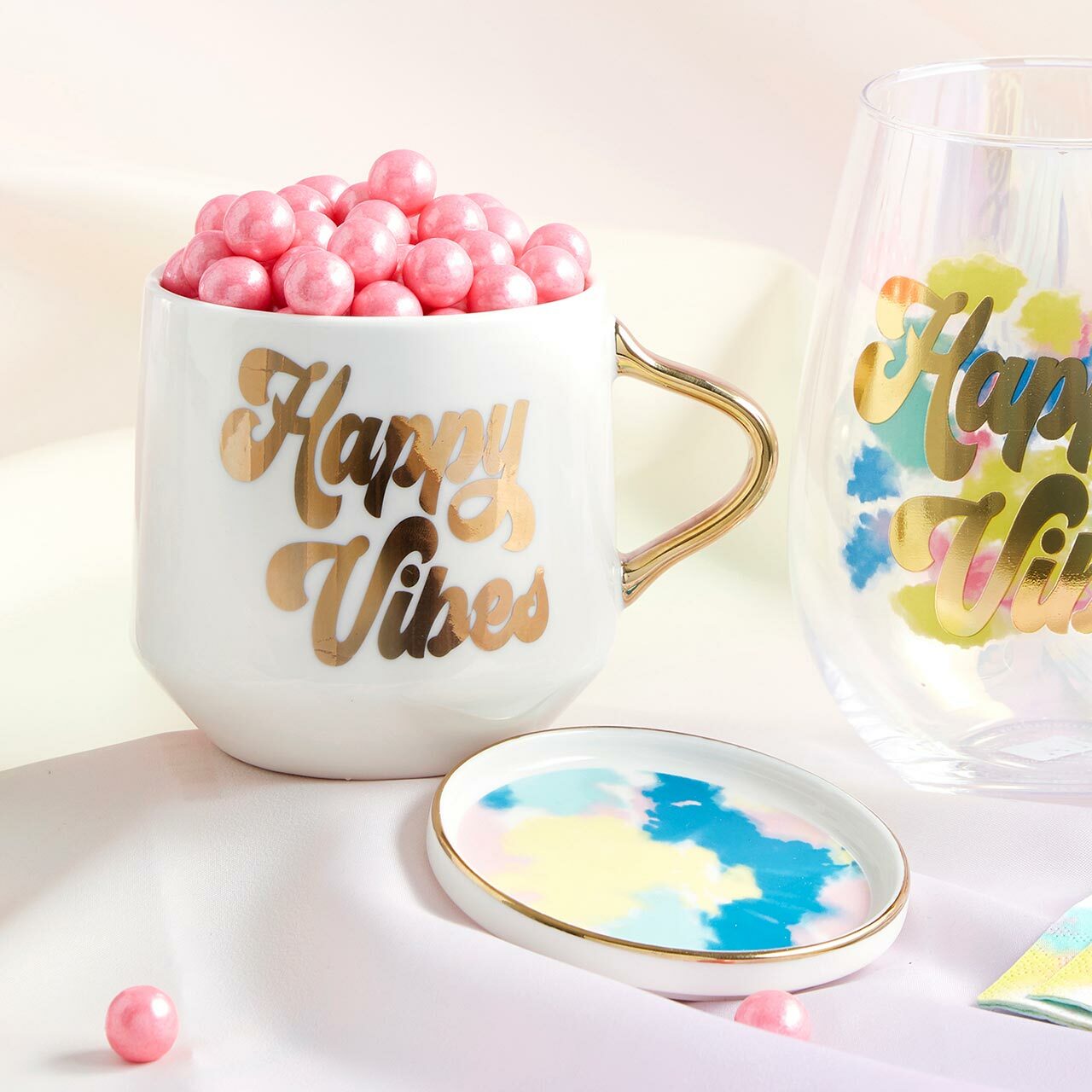 Happy Vibes Coaster Mug and Cocktail Napkin Bundle | Giftable Drinkware Set by The Bullish Store