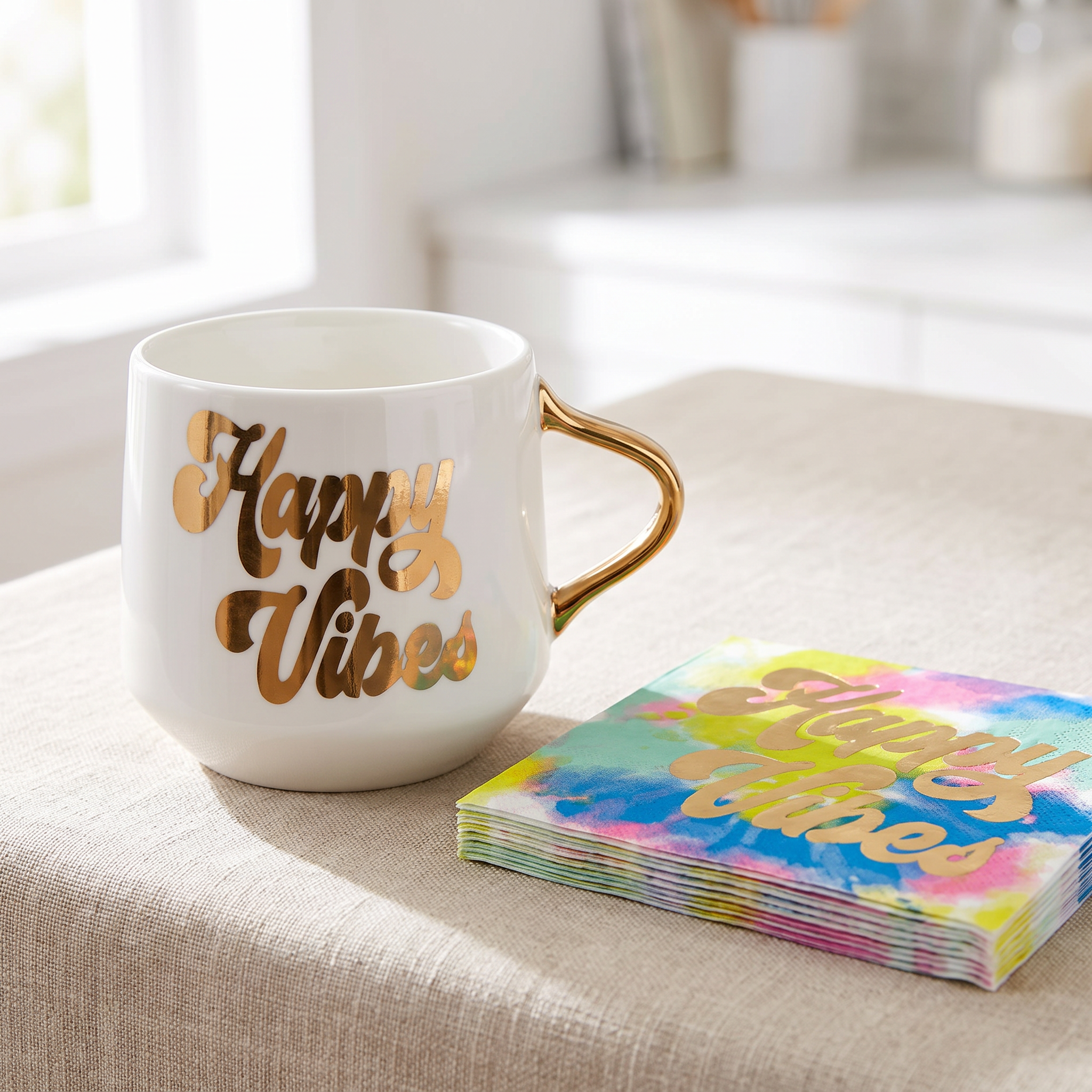 Happy Vibes Coaster Mug and Cocktail Napkin Bundle | Giftable Drinkware Set by The Bullish Store