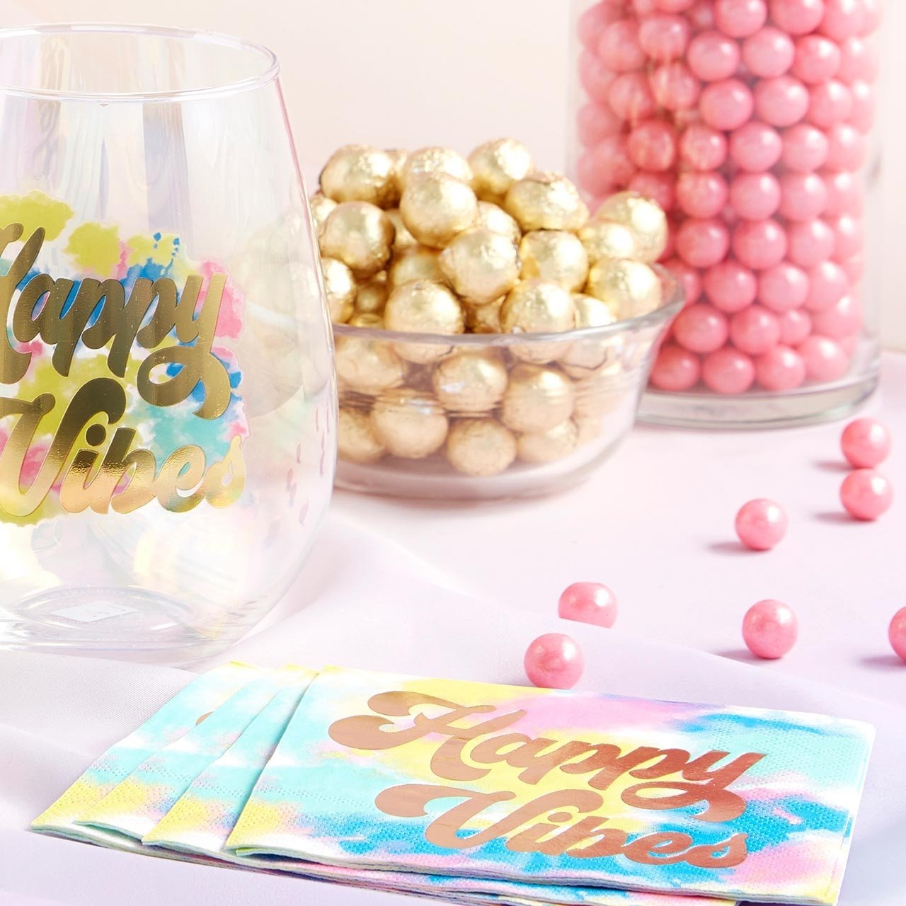 Happy Vibes Coaster Mug and Cocktail Napkin Bundle | Giftable Drinkware Set by The Bullish Store