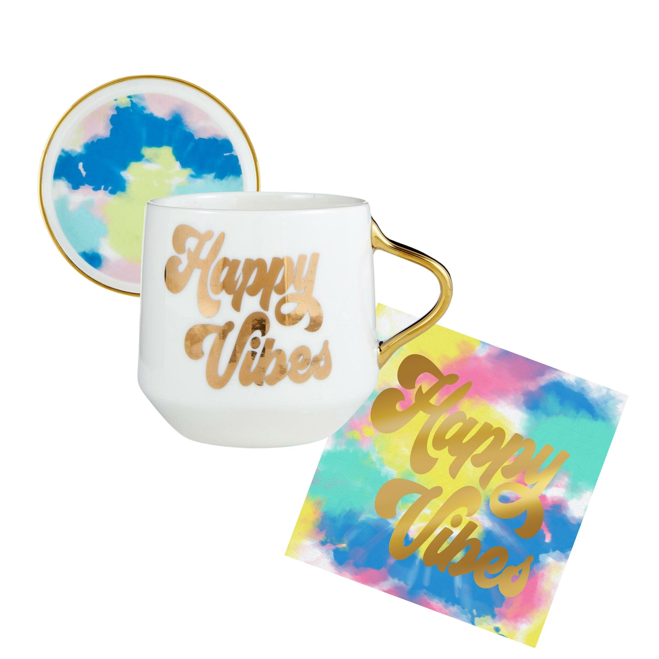 Happy Vibes Coaster Mug and Cocktail Napkin Bundle | Giftable Drinkware Set by The Bullish Store