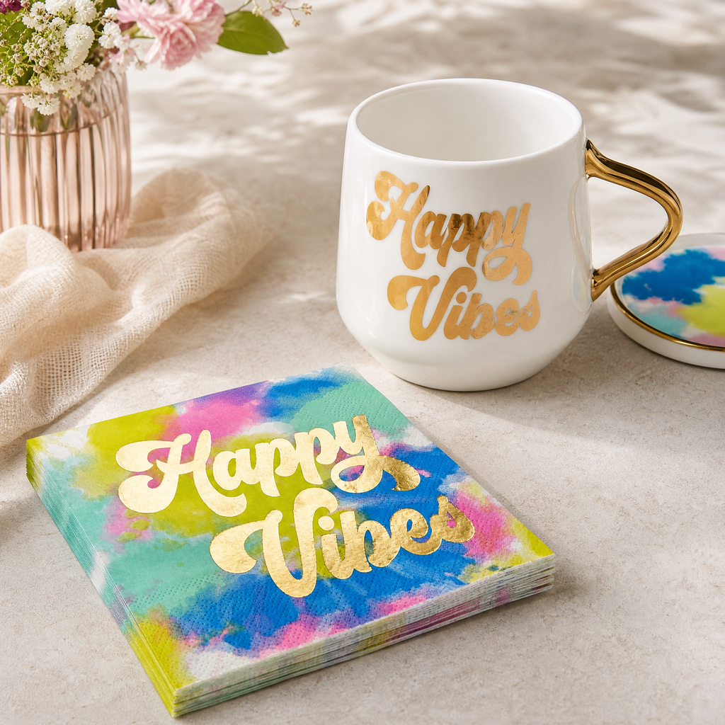Happy Vibes Coaster Mug and Cocktail Napkin Bundle | Giftable Drinkware Set by The Bullish Store