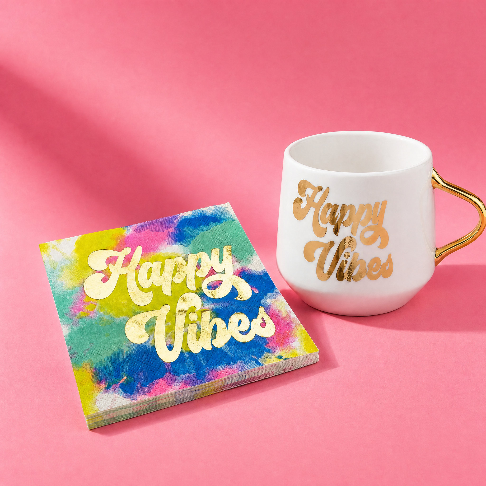 Happy Vibes Coaster Mug and Cocktail Napkin Bundle | Giftable Drinkware Set by The Bullish Store