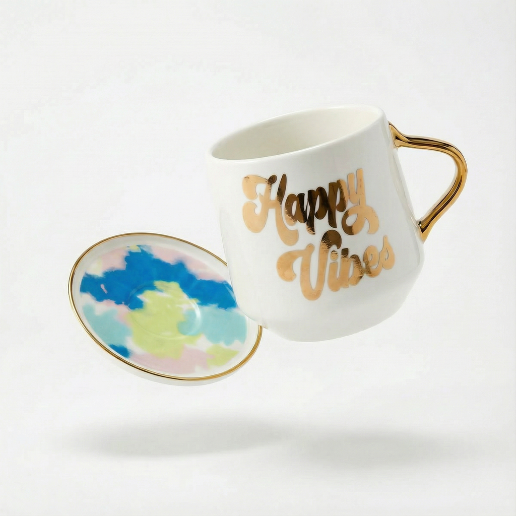 Happy Vibes Coaster Mug and Cocktail Napkin Bundle | Giftable Drinkware Set by The Bullish Store