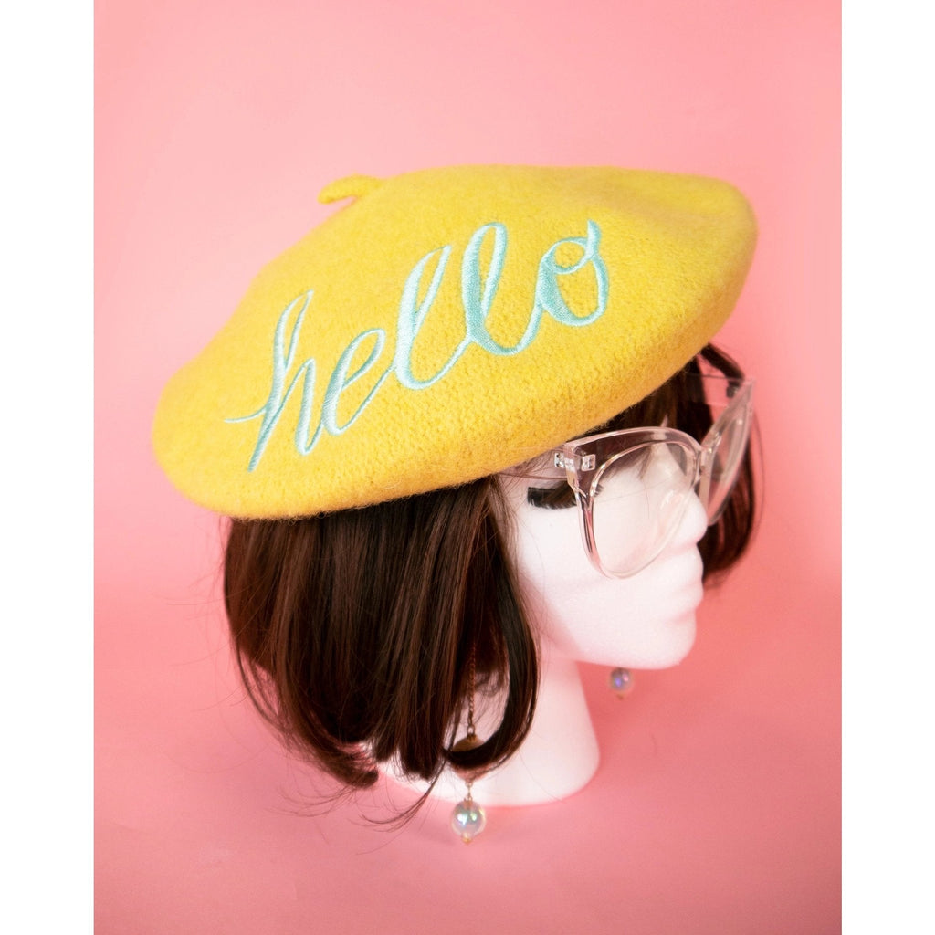 Hello Embroidered Beret in Yellow by The Bullish Store