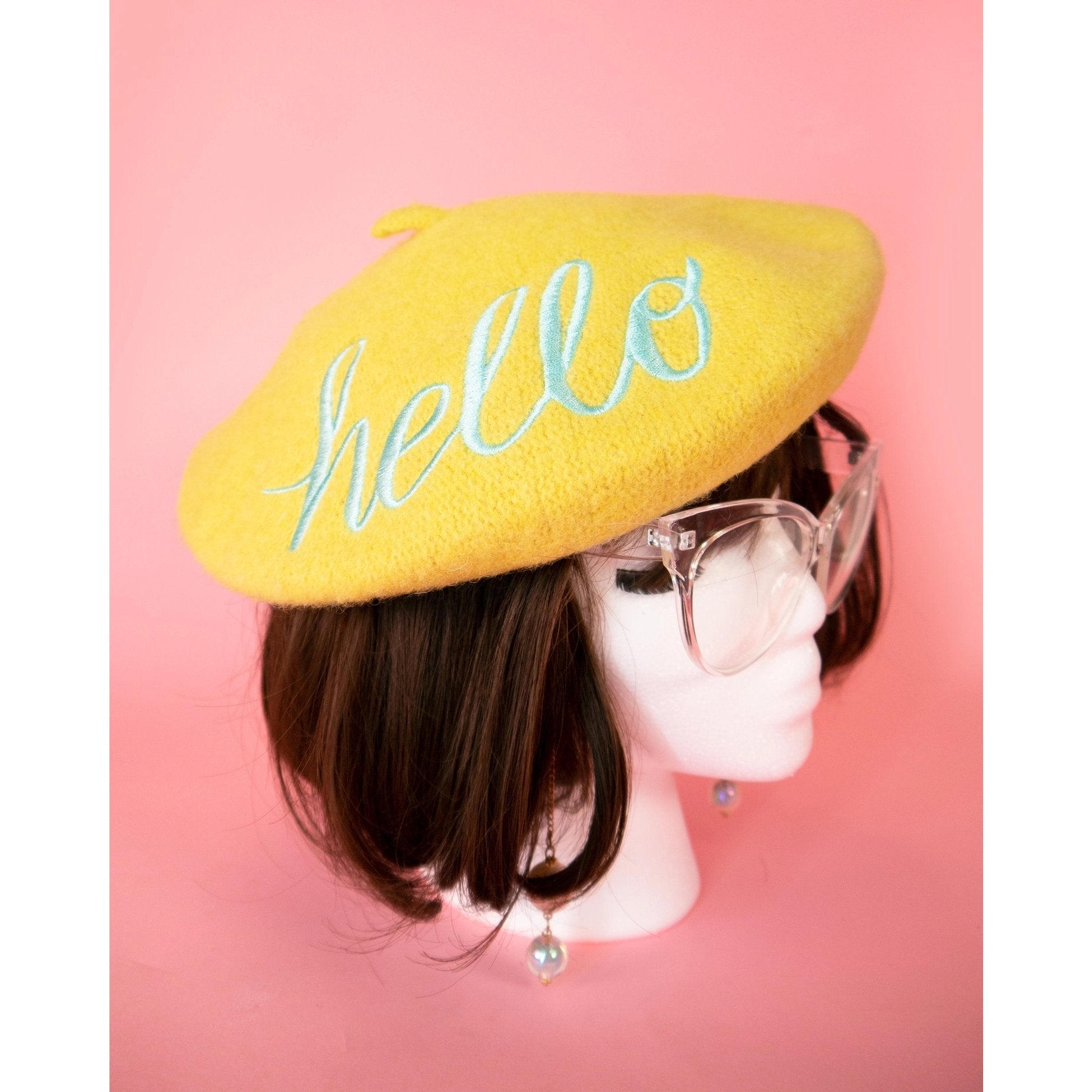 Hello Embroidered Beret in Yellow by The Bullish Store