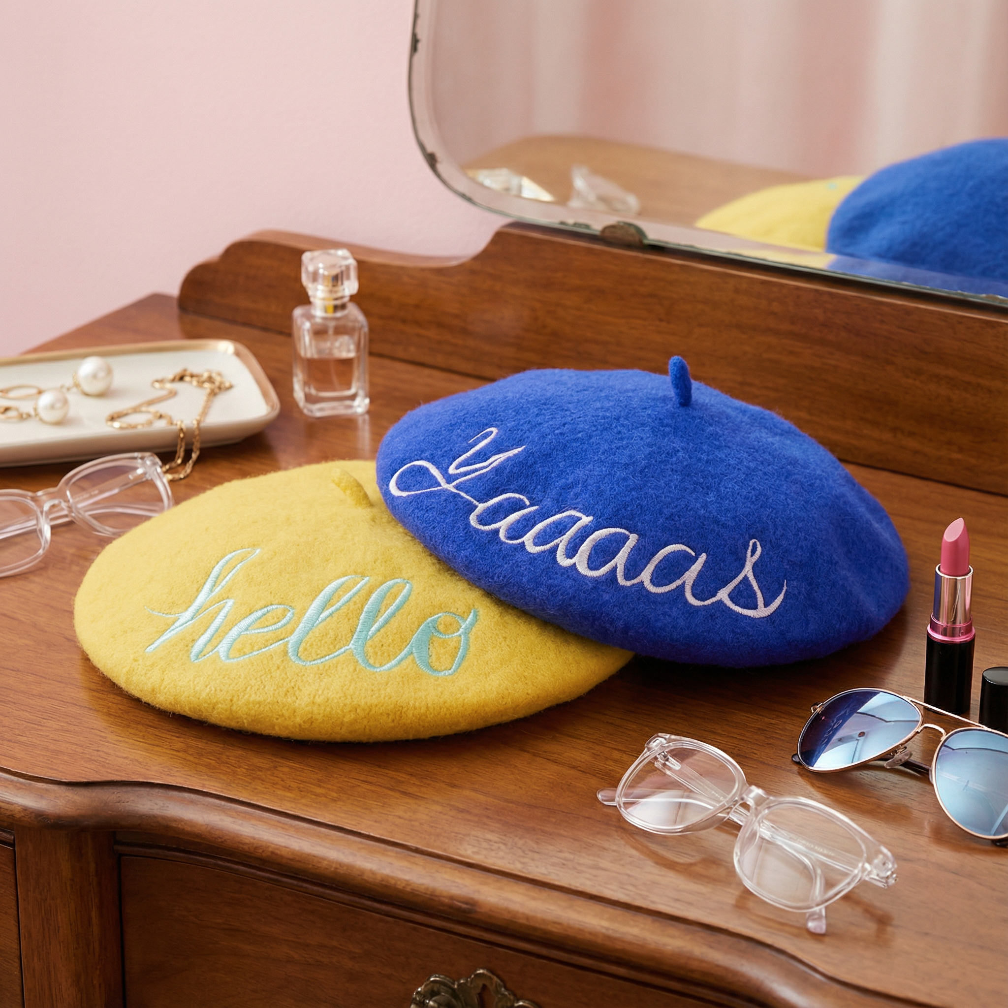 Hello Embroidered Beret in Yellow by The Bullish Store