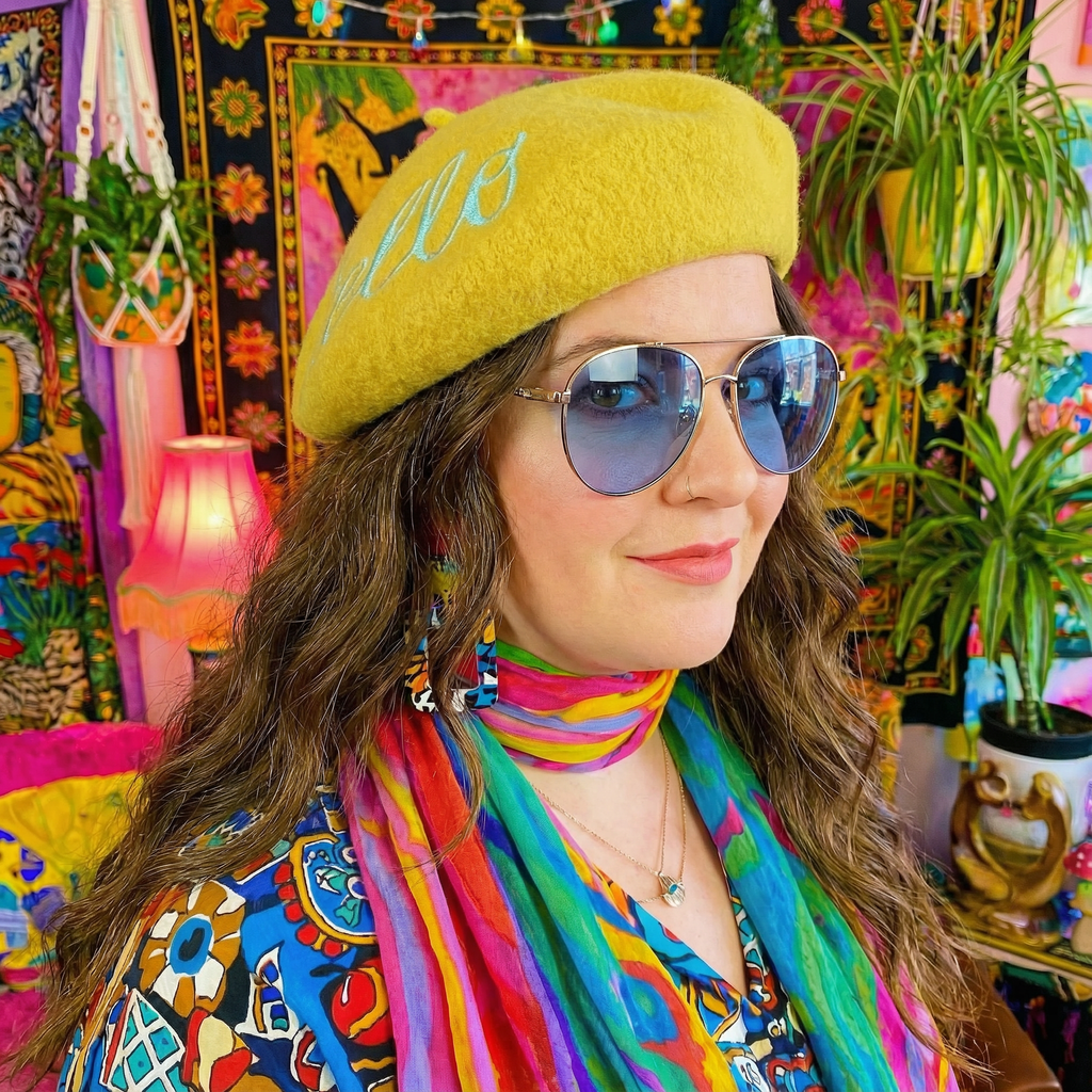 Hello Embroidered Beret in Yellow by The Bullish Store