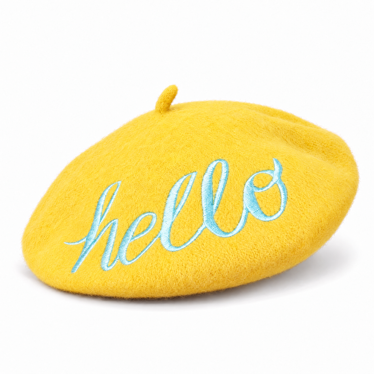 Hello Embroidered Beret in Yellow by The Bullish Store