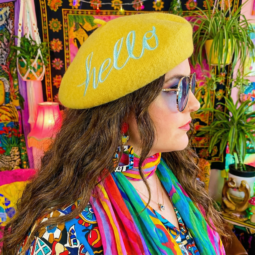 Hello Embroidered Beret in Yellow by The Bullish Store