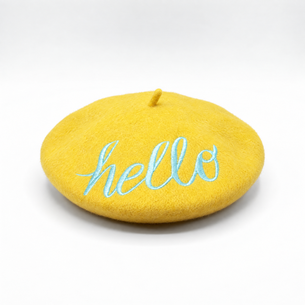 Hello Embroidered Beret in Yellow by The Bullish Store