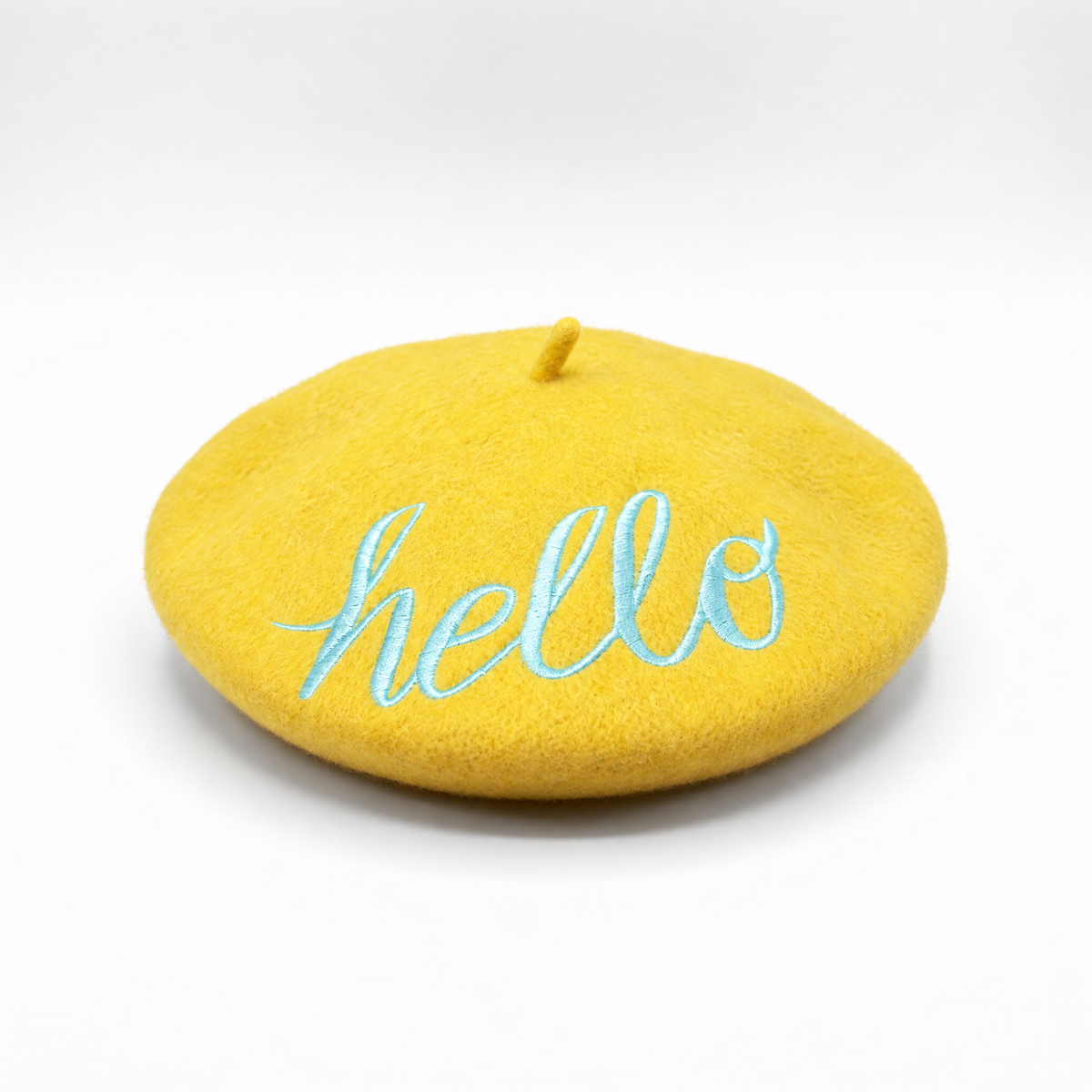 Hello Embroidered Beret in Yellow by The Bullish Store