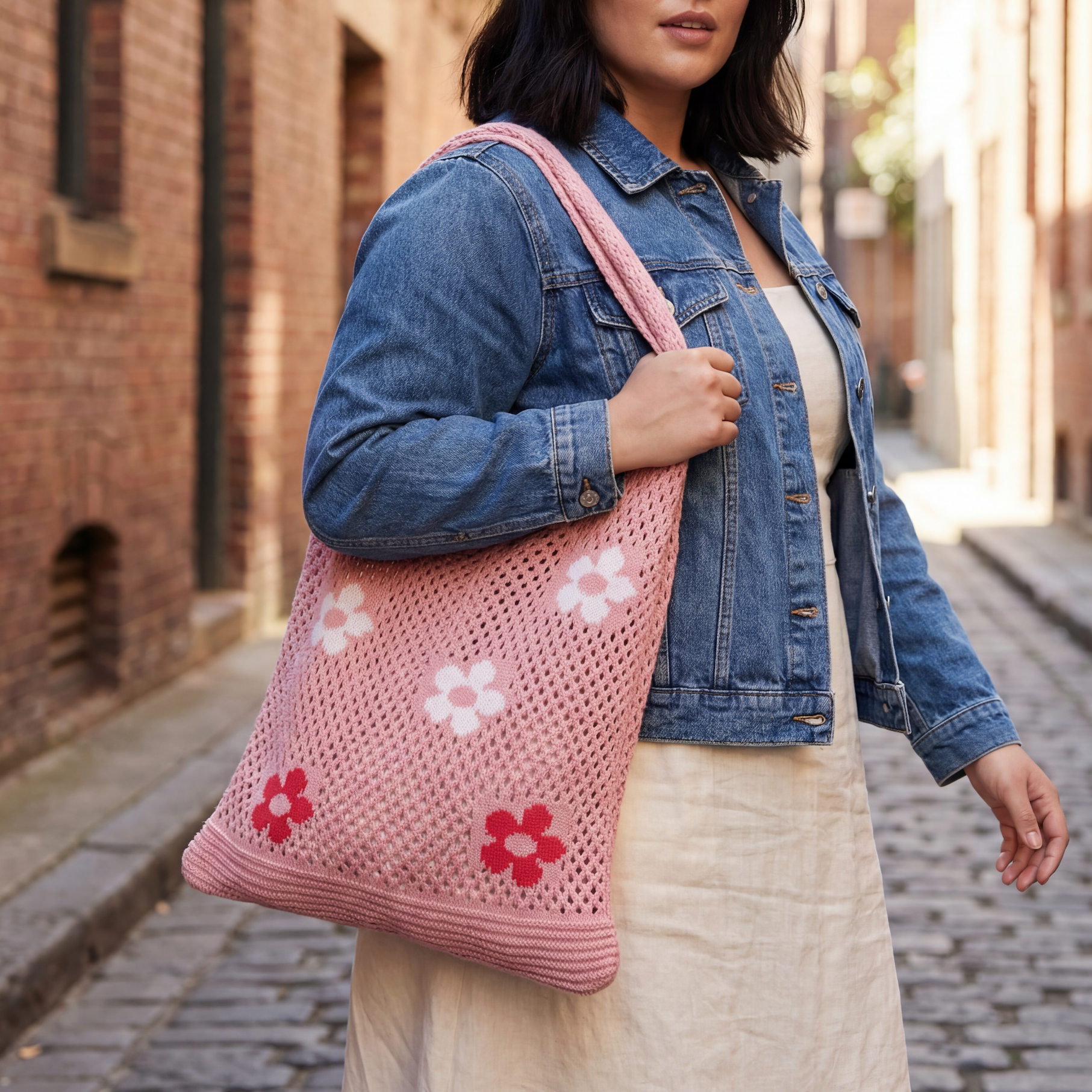 Hippie Boho Knitted Flower Tote | Floral Print Soft Shoulder Bag in Groovy Pink by The Bullish Store