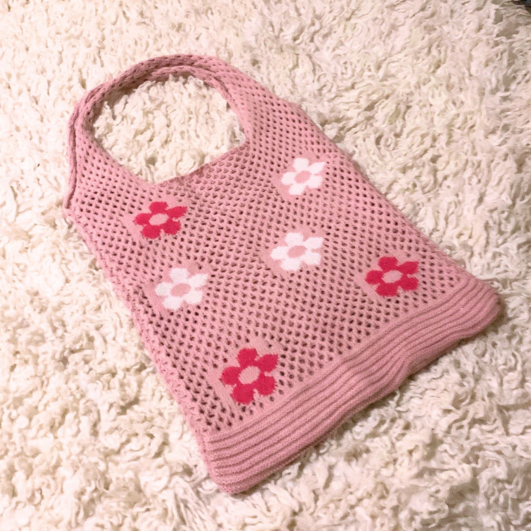 Hippie Boho Knitted Flower Tote | Floral Print Soft Shoulder Bag in Groovy Pink by The Bullish Store