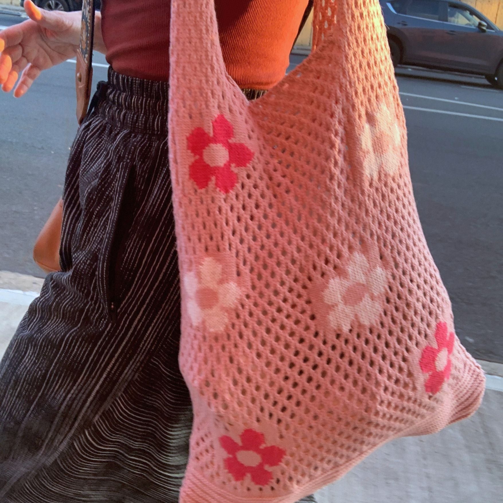 Hippie Boho Knitted Flower Tote | Floral Print Soft Shoulder Bag in Groovy Pink by The Bullish Store
