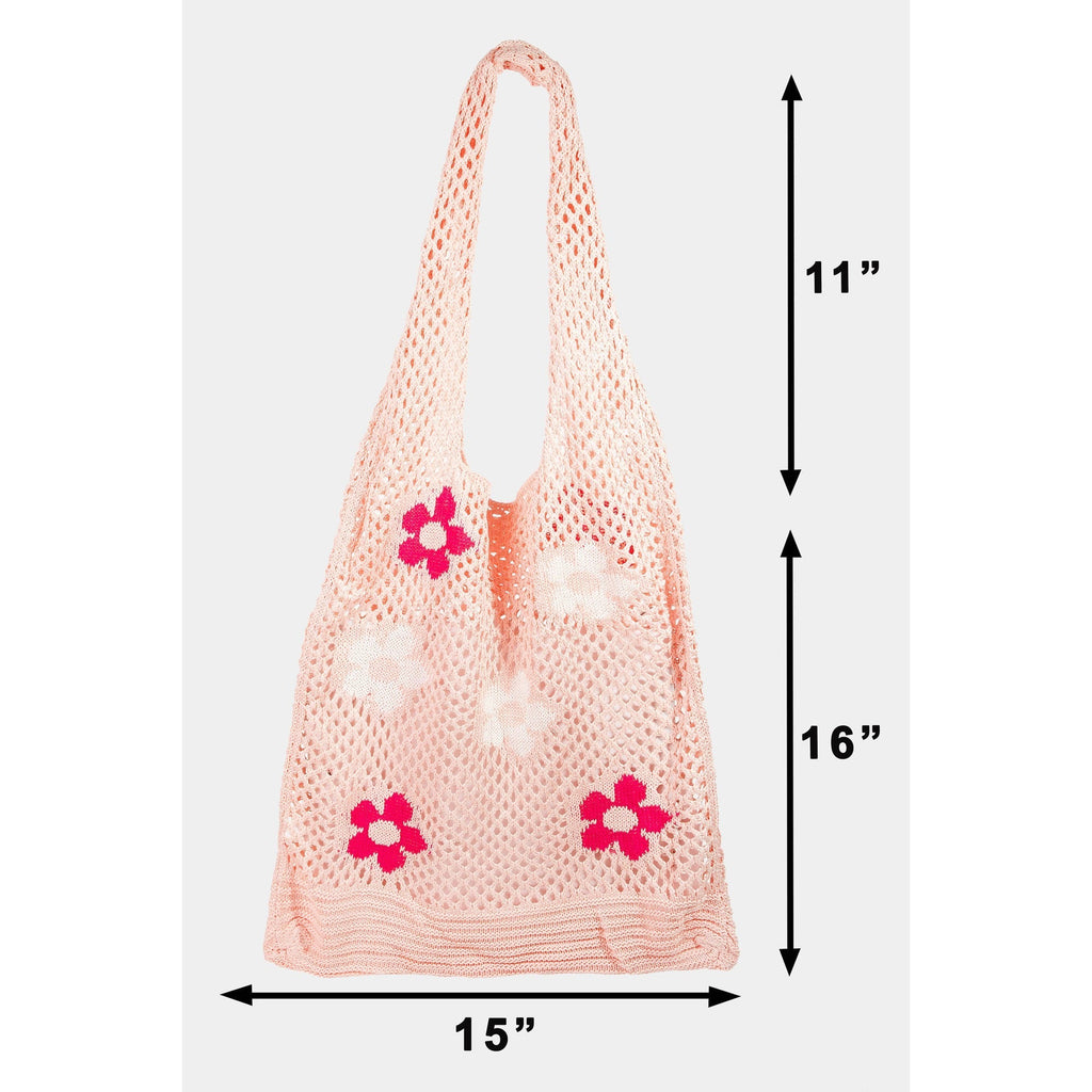 Hippie Boho Knitted Flower Tote | Floral Print Soft Shoulder Bag in Groovy Pink by The Bullish Store
