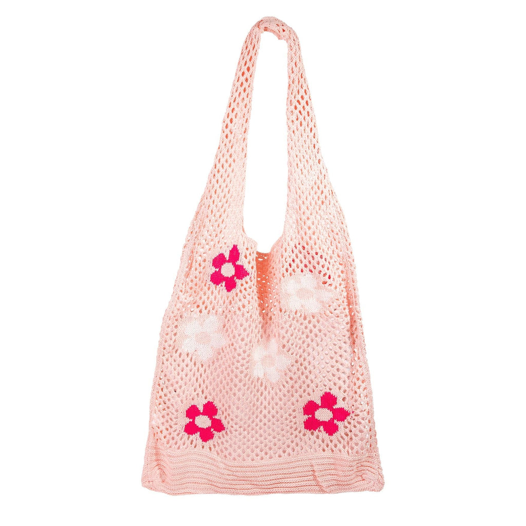Hippie Boho Knitted Flower Tote | Floral Print Soft Shoulder Bag in Groovy Pink by The Bullish Store