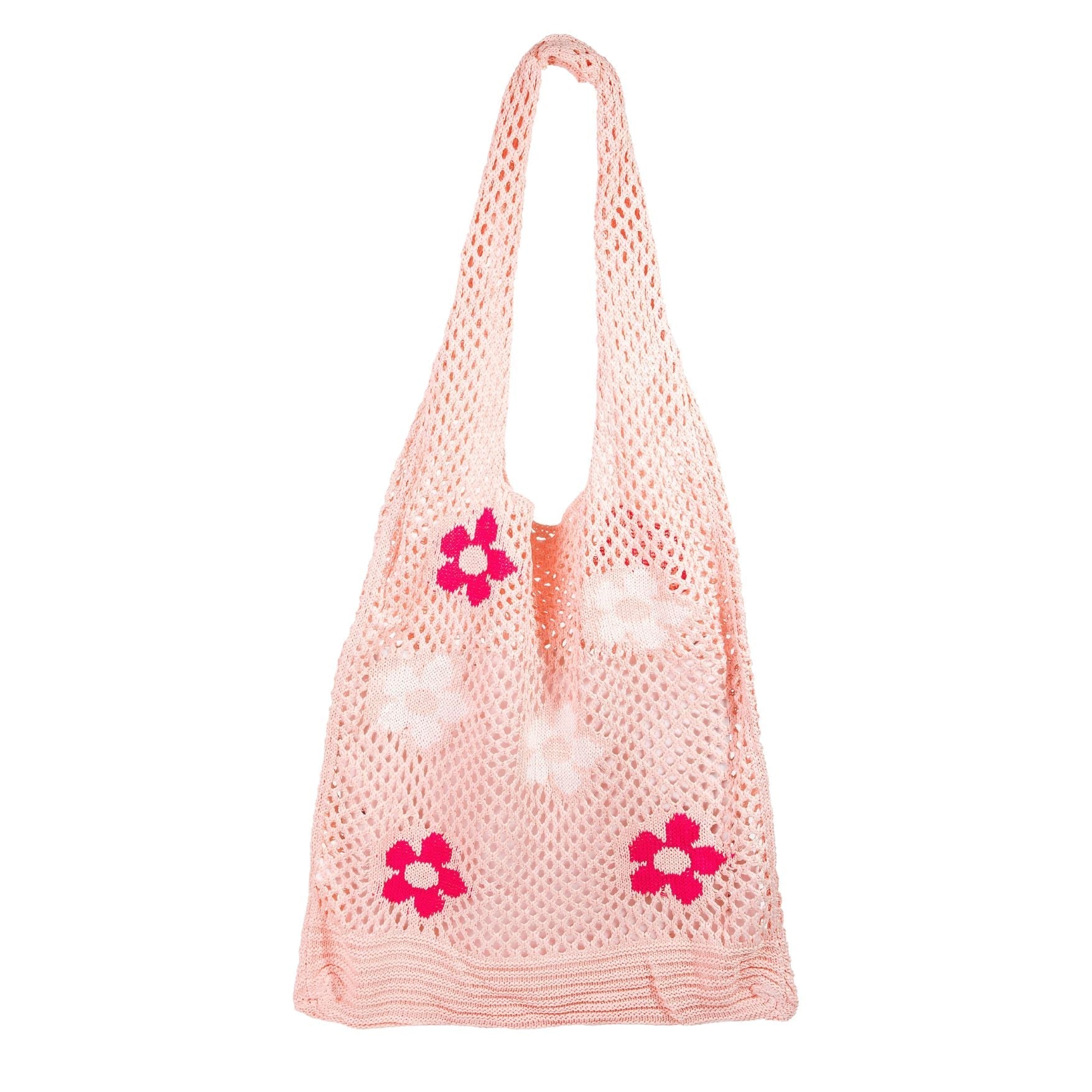 Hippie Boho Knitted Flower Tote | Floral Print Soft Shoulder Bag in Groovy Pink by The Bullish Store