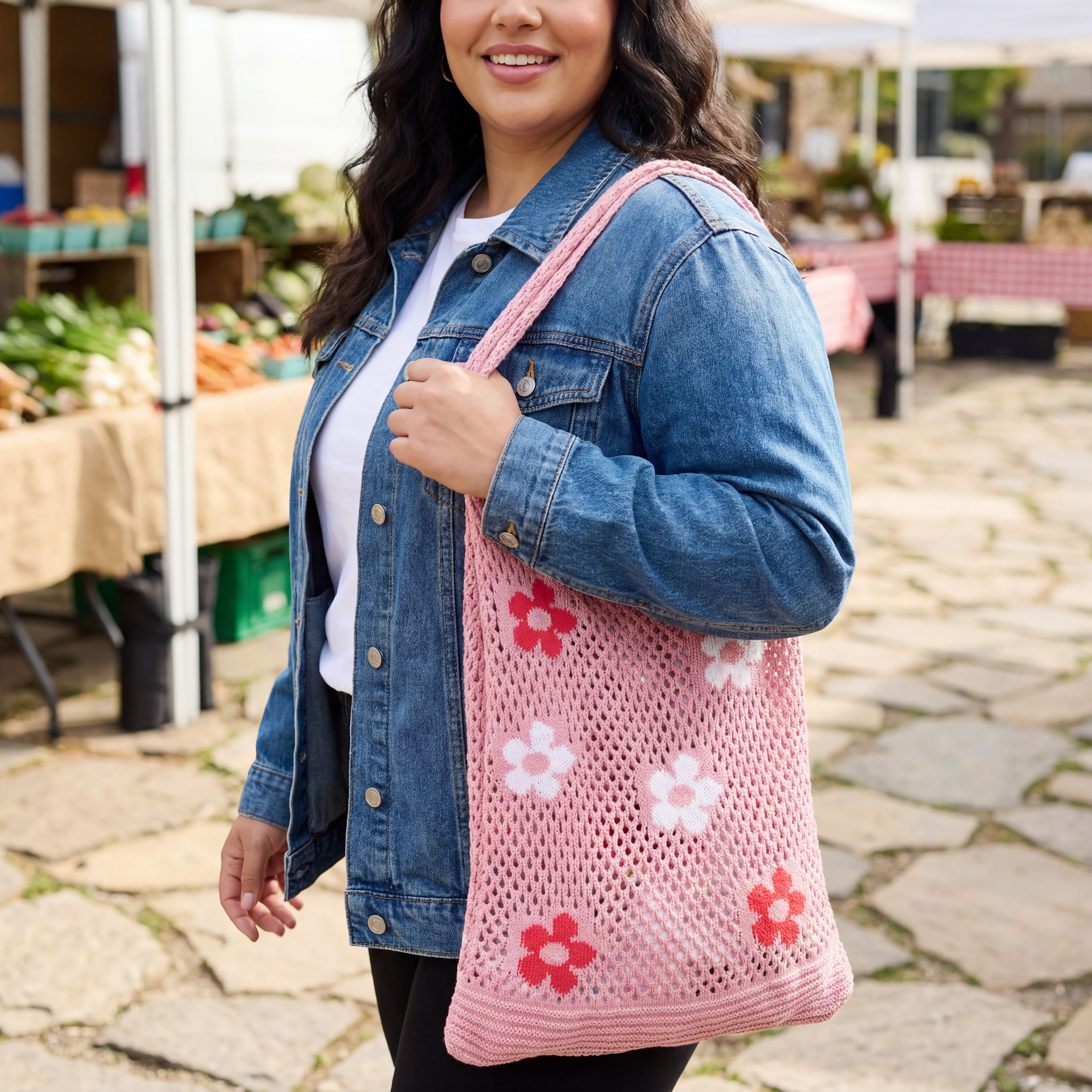 Hippie Boho Knitted Flower Tote | Floral Print Soft Shoulder Bag in Groovy Pink by The Bullish Store