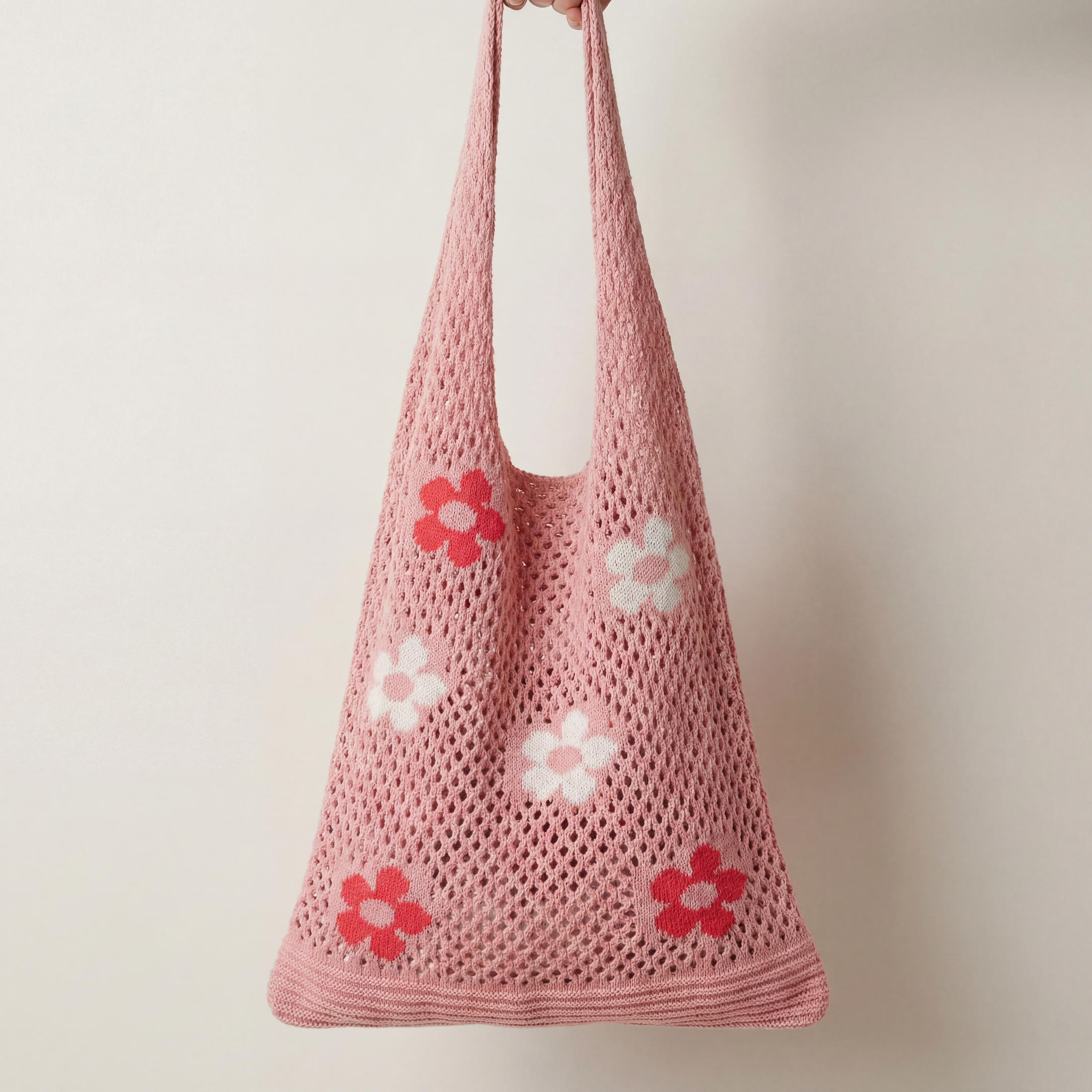 Hippie Boho Knitted Flower Tote | Floral Print Soft Shoulder Bag in Groovy Pink by The Bullish Store
