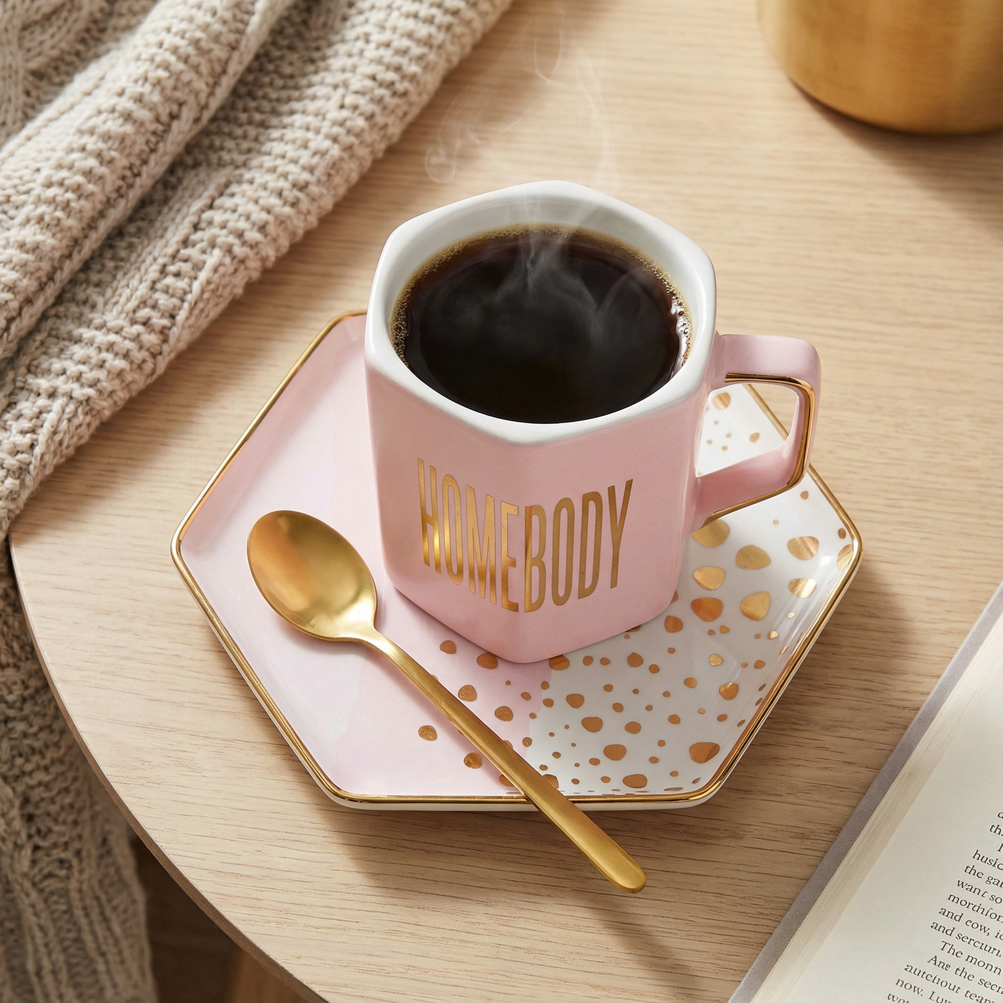 Homebody Hexagon Mug and Saucer Set in Pink with Gold Dot Pattern by The Bullish Store