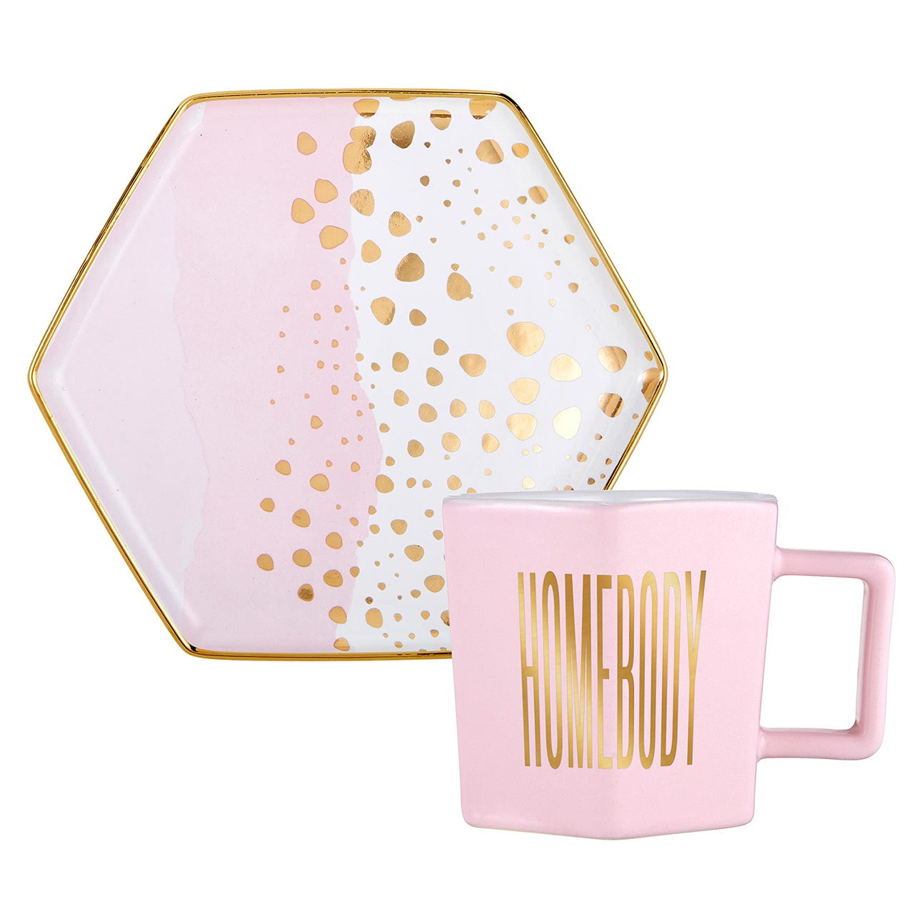 Homebody Hexagon Mug and Saucer Set in Pink with Gold Dot Pattern by The Bullish Store