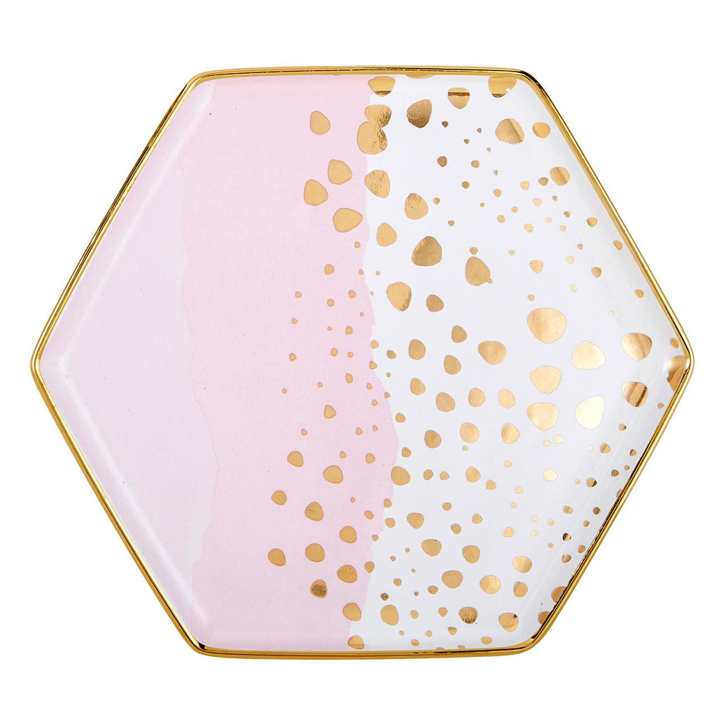 Homebody Hexagon Mug and Saucer Set in Pink with Gold Dot Pattern by The Bullish Store