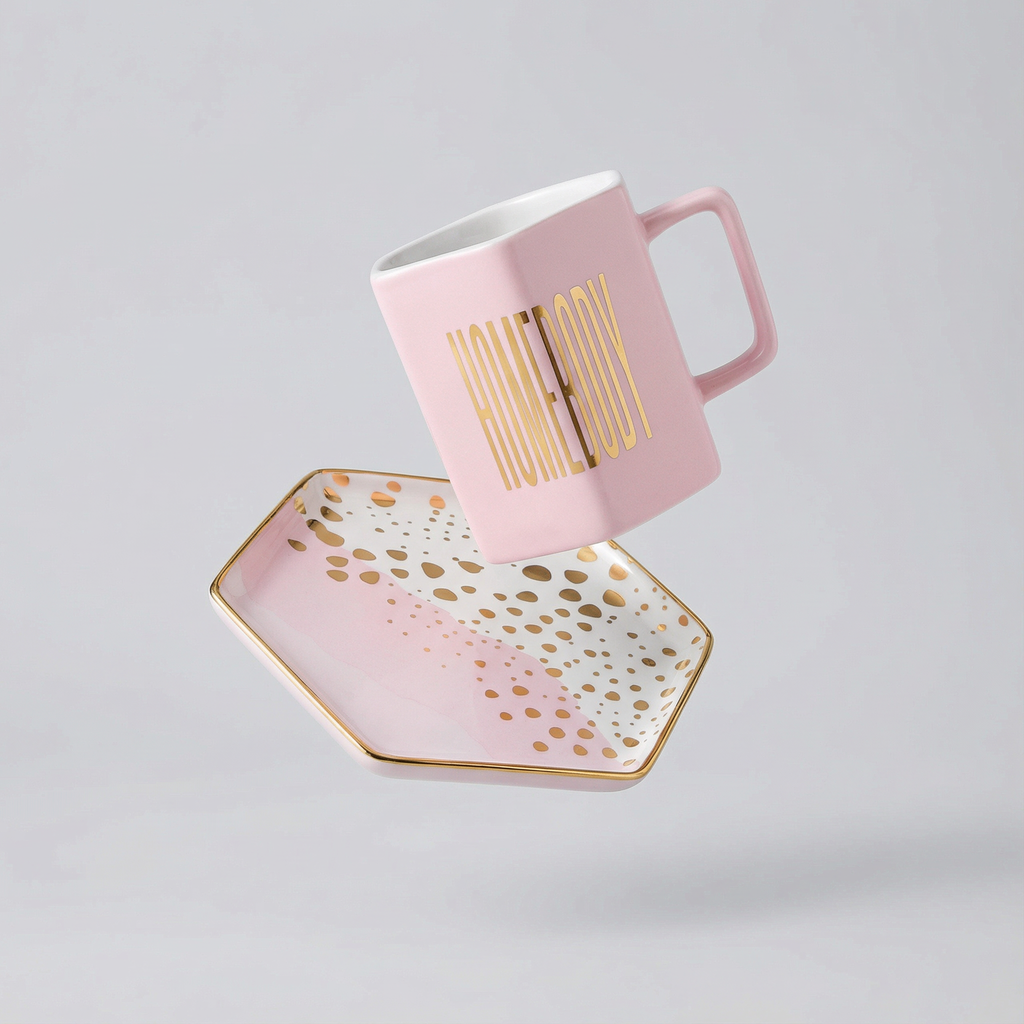 Homebody Hexagon Mug and Saucer Set in Pink with Gold Dot Pattern by The Bullish Store