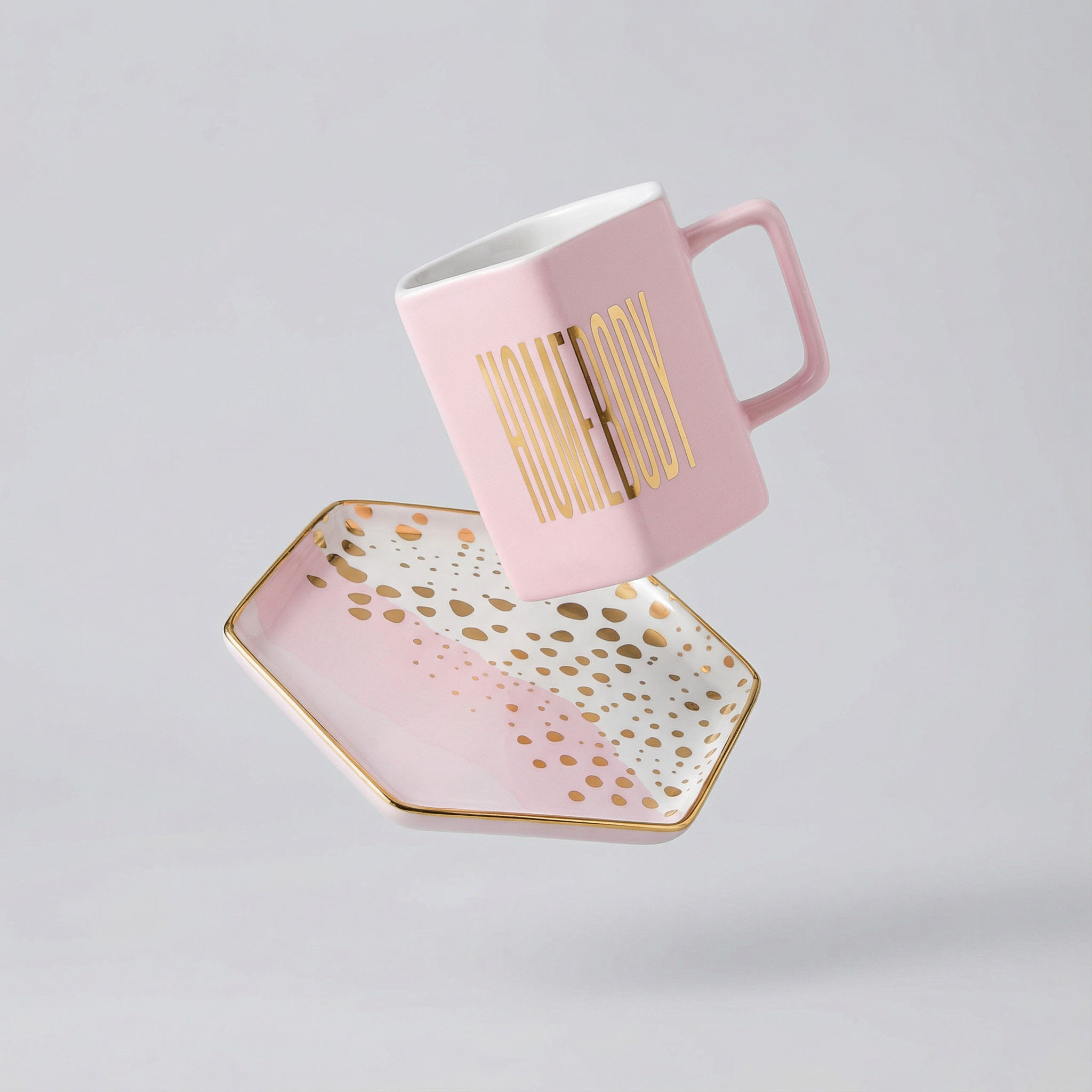 Homebody Hexagon Mug and Saucer Set in Pink with Gold Dot Pattern by The Bullish Store