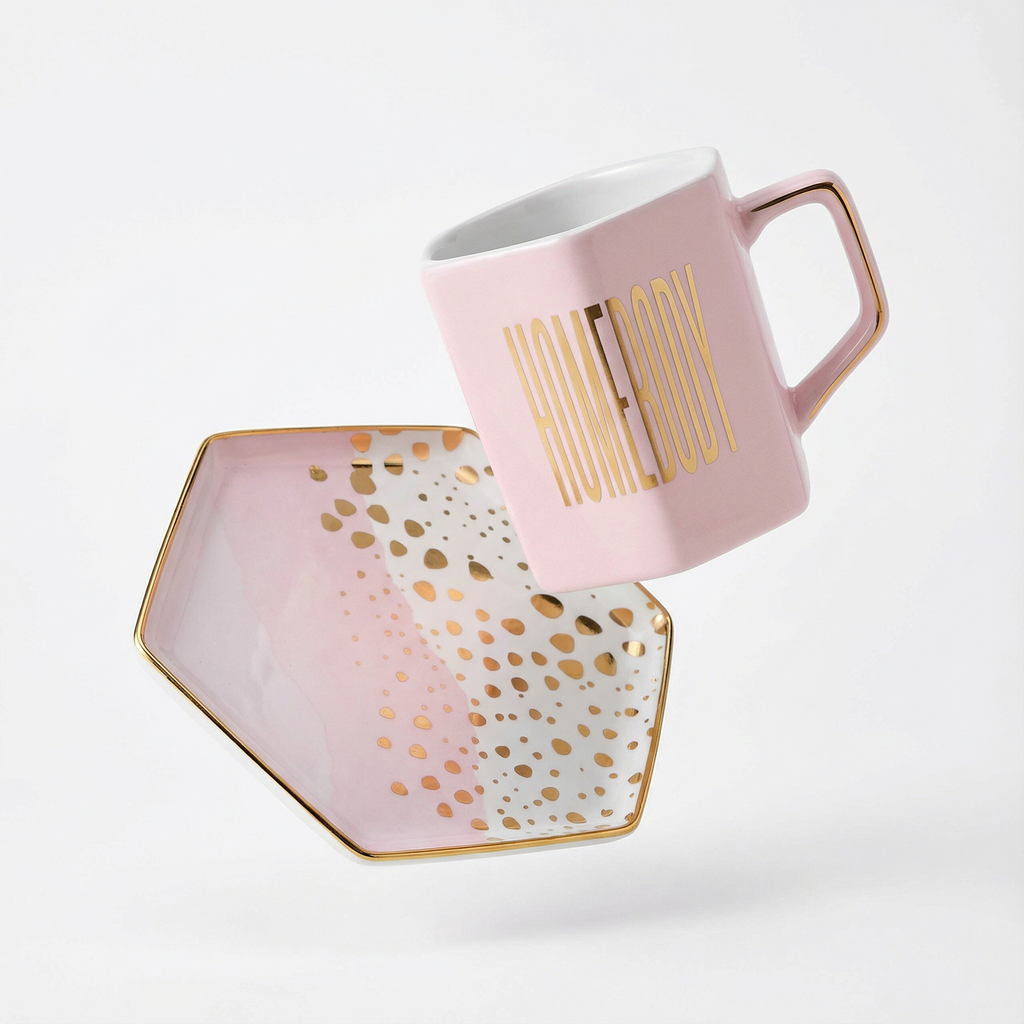 Homebody Hexagon Mug and Saucer Set in Pink with Gold Dot Pattern by The Bullish Store