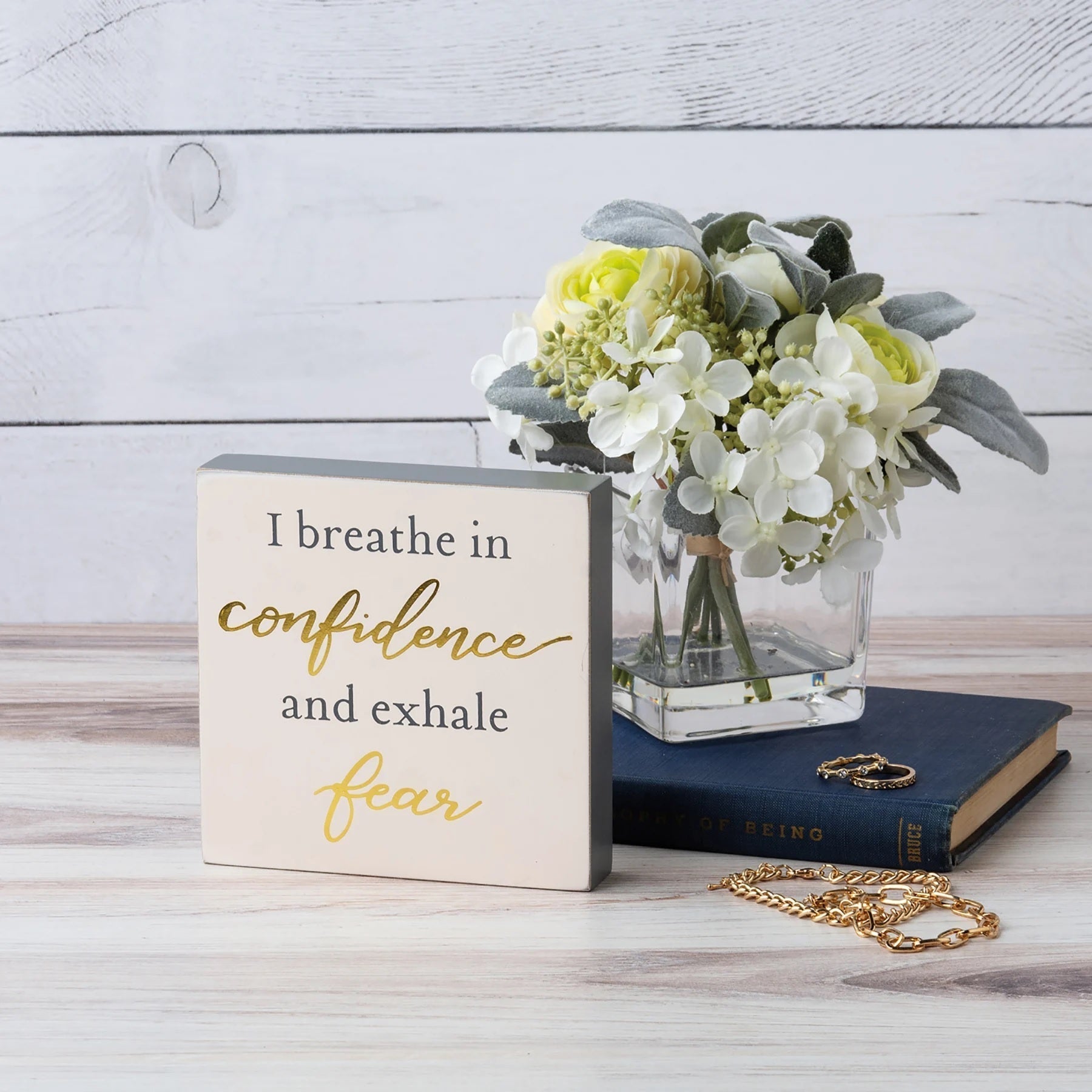 I Breathe In Confidence And Exhale Fear Inspo Block Sign | Metallic Copper Details by The Bullish Store