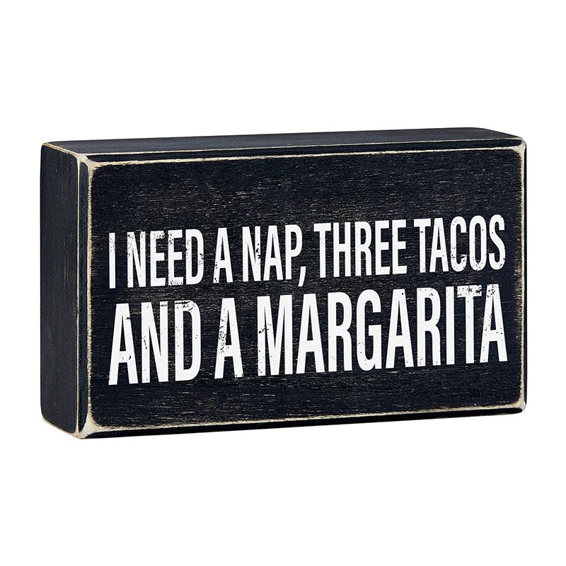 I Need A Nap, Three Tacos And A Margarita Box Sign | Rustic Wooden Decor | 6" x 3.5" by The Bullish Store
