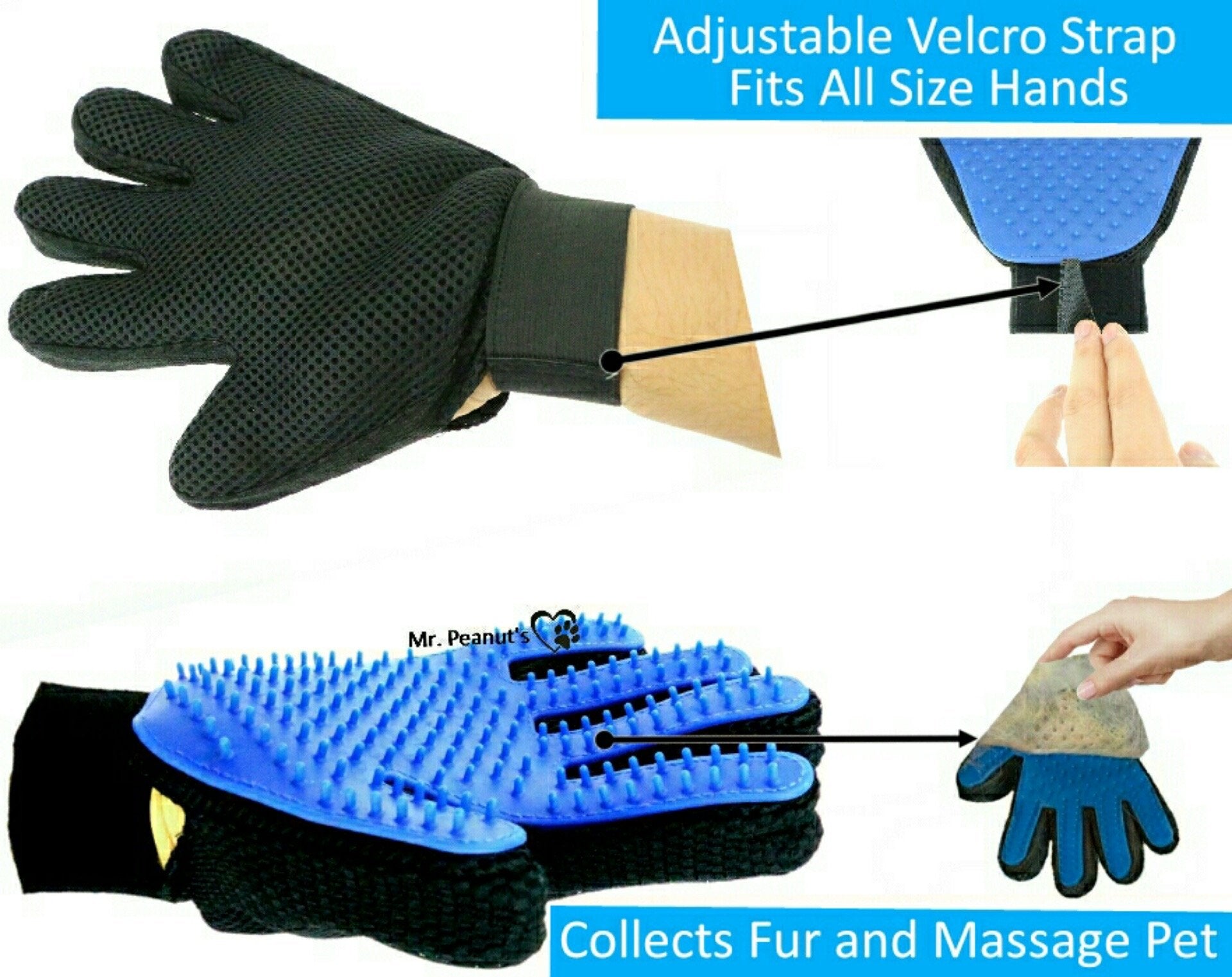 Mr. Peanut's 2 Pak HanD 259 Silicone Pins Pet Grooming Gloves by Mr. Peanut's Pet Carriers