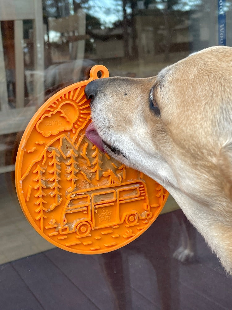 Camp eMat - Enrichment Lick Mat For Dogs and Cats - with Suction Cups | Retro Van Design | USA Made by SodaPup/True Dogs, LLC