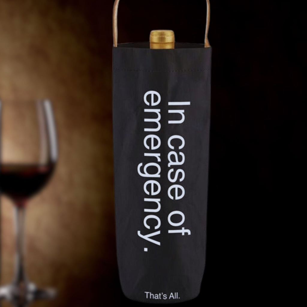In Case Of Emergency Black Wine Bottle Bag | Gloss Black Tote | Holds Standard Wine Bottle for Gifting by The Bullish Store