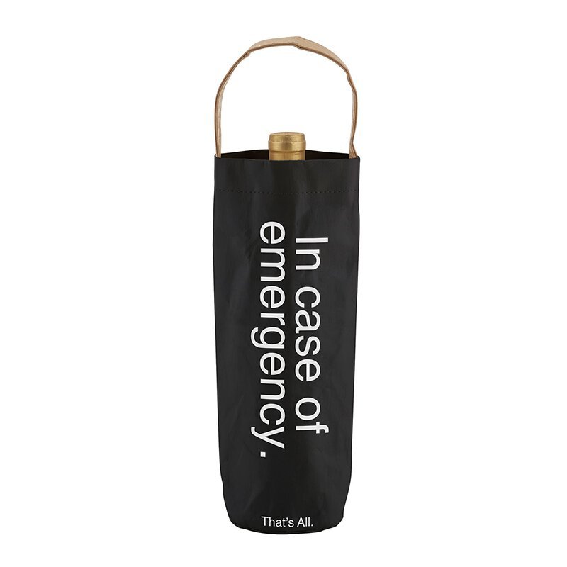 In Case Of Emergency Black Wine Bottle Bag | Gloss Black Tote | Holds Standard Wine Bottle for Gifting by The Bullish Store