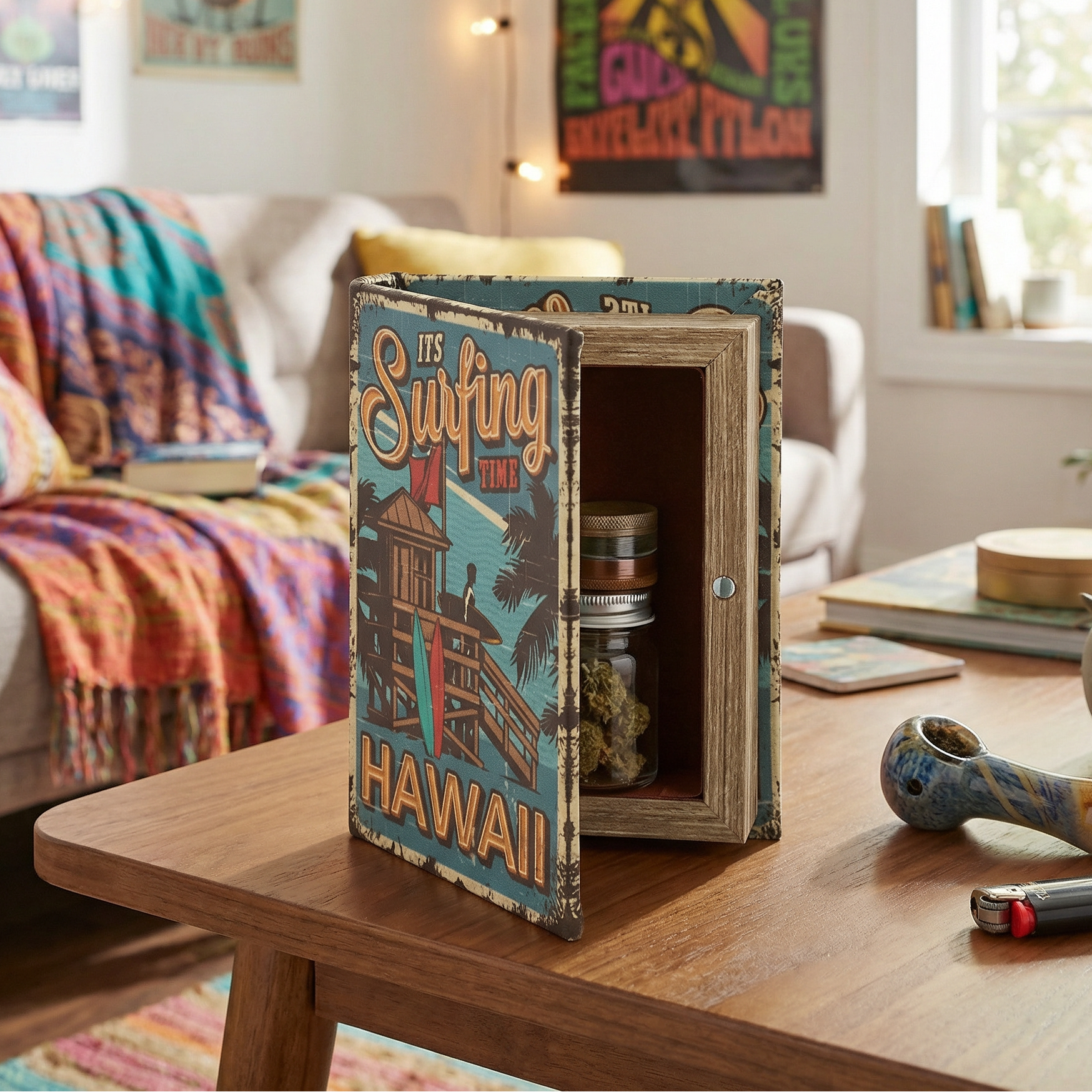 It's Surfing Time Hawaii Book Box | Decorative Vintage Book Shaped Storage Stash Trinket Boxes by The Bullish Store