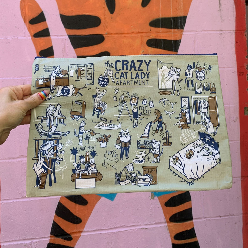 Jumbo Pouch Crazy Cat Lady Apartment Recycled Material Jumbo Zipper Folder | 14.25" x 10" by The Bullish Store