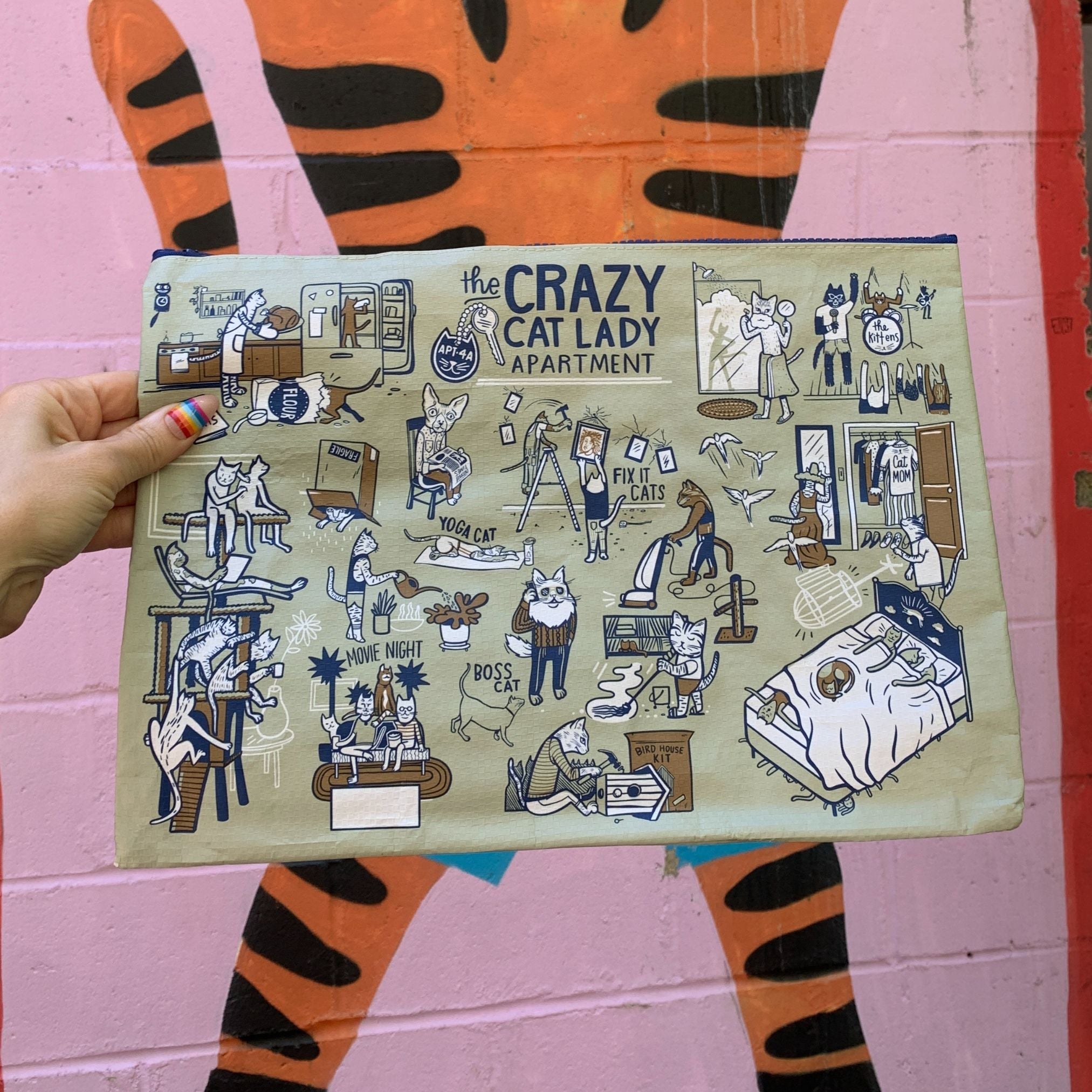 Jumbo Pouch Crazy Cat Lady Apartment Recycled Material Jumbo Zipper Folder | 14.25" x 10" by The Bullish Store