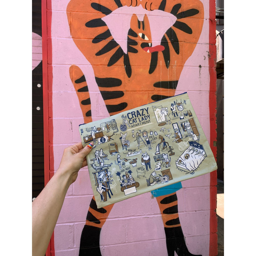 Jumbo Pouch Crazy Cat Lady Apartment Recycled Material Jumbo Zipper Folder | 14.25" x 10" by The Bullish Store