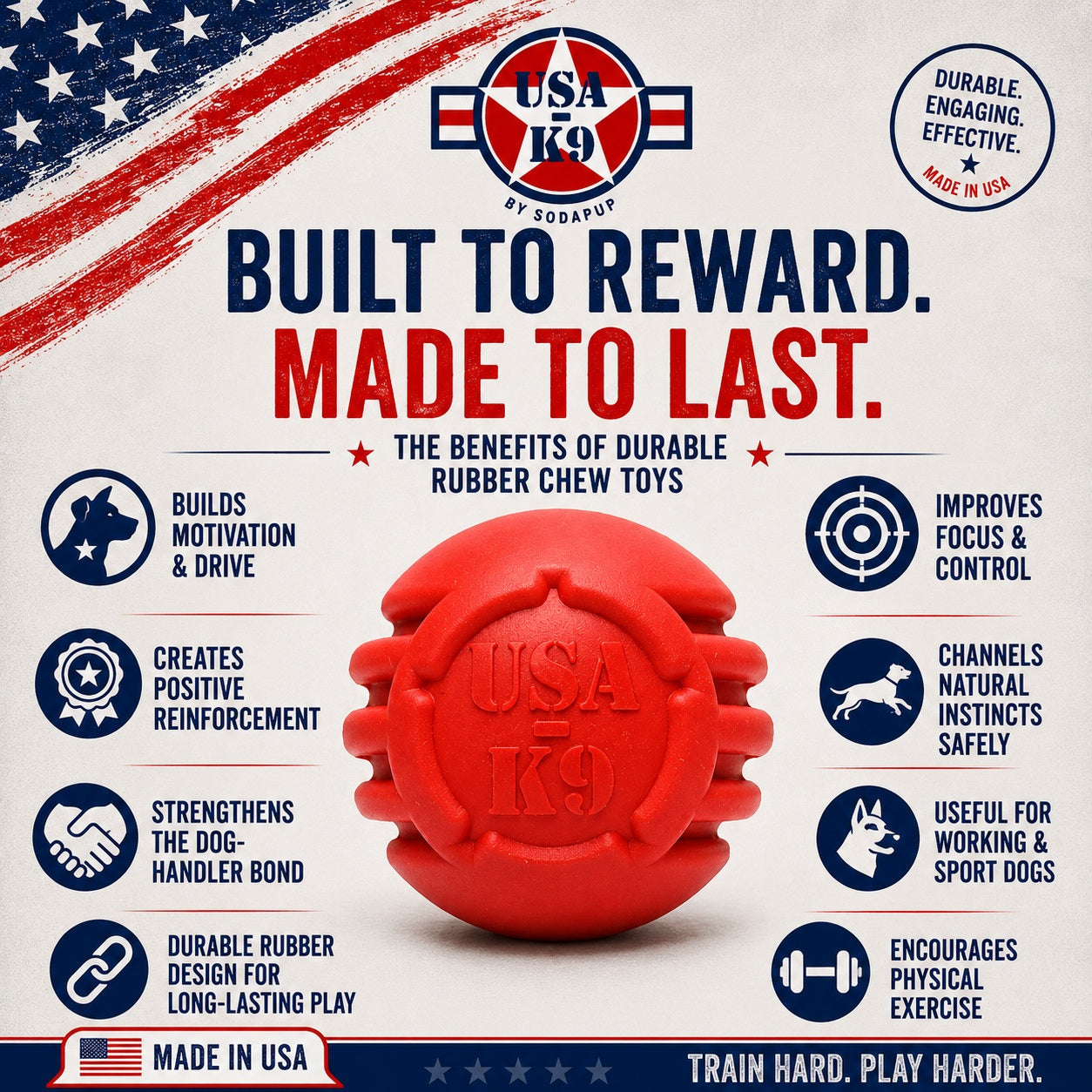 USA-K9 Stars and Stripes Rubber Dog Toy | K9 Handler Reward Toy | Red | USA Made by SodaPup/True Dogs, LLC