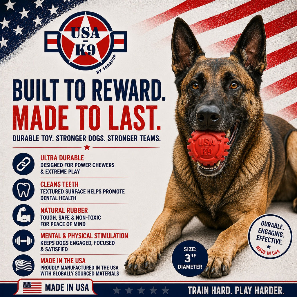 USA-K9 Stars and Stripes Rubber Dog Toy | K9 Handler Reward Toy | Red | USA Made by SodaPup/True Dogs, LLC