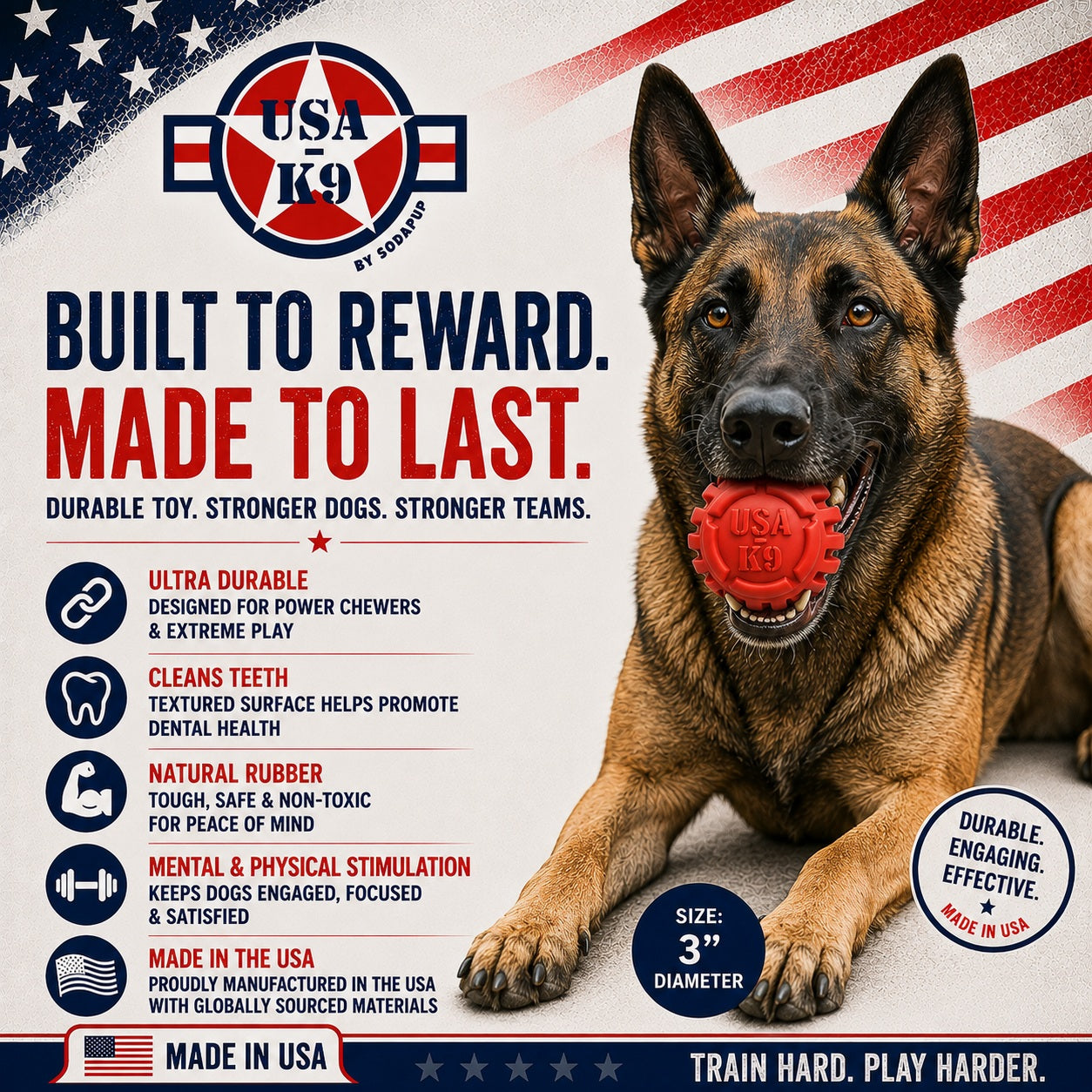 USA-K9 Stars and Stripes Rubber Dog Toy | K9 Handler Reward Toy | Red | USA Made by SodaPup/True Dogs, LLC