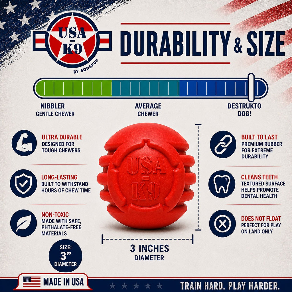 USA-K9 Stars and Stripes Rubber Dog Toy | K9 Handler Reward Toy | Red | USA Made by SodaPup/True Dogs, LLC
