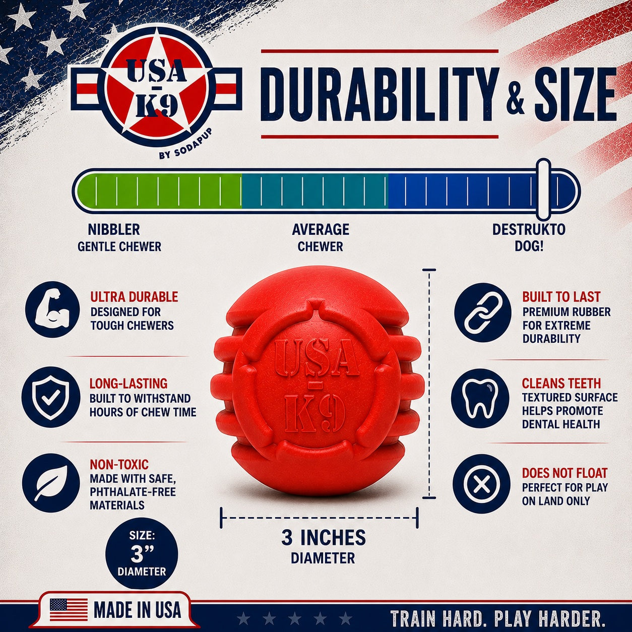 USA-K9 Stars and Stripes Rubber Dog Toy | K9 Handler Reward Toy | Red | USA Made by SodaPup/True Dogs, LLC