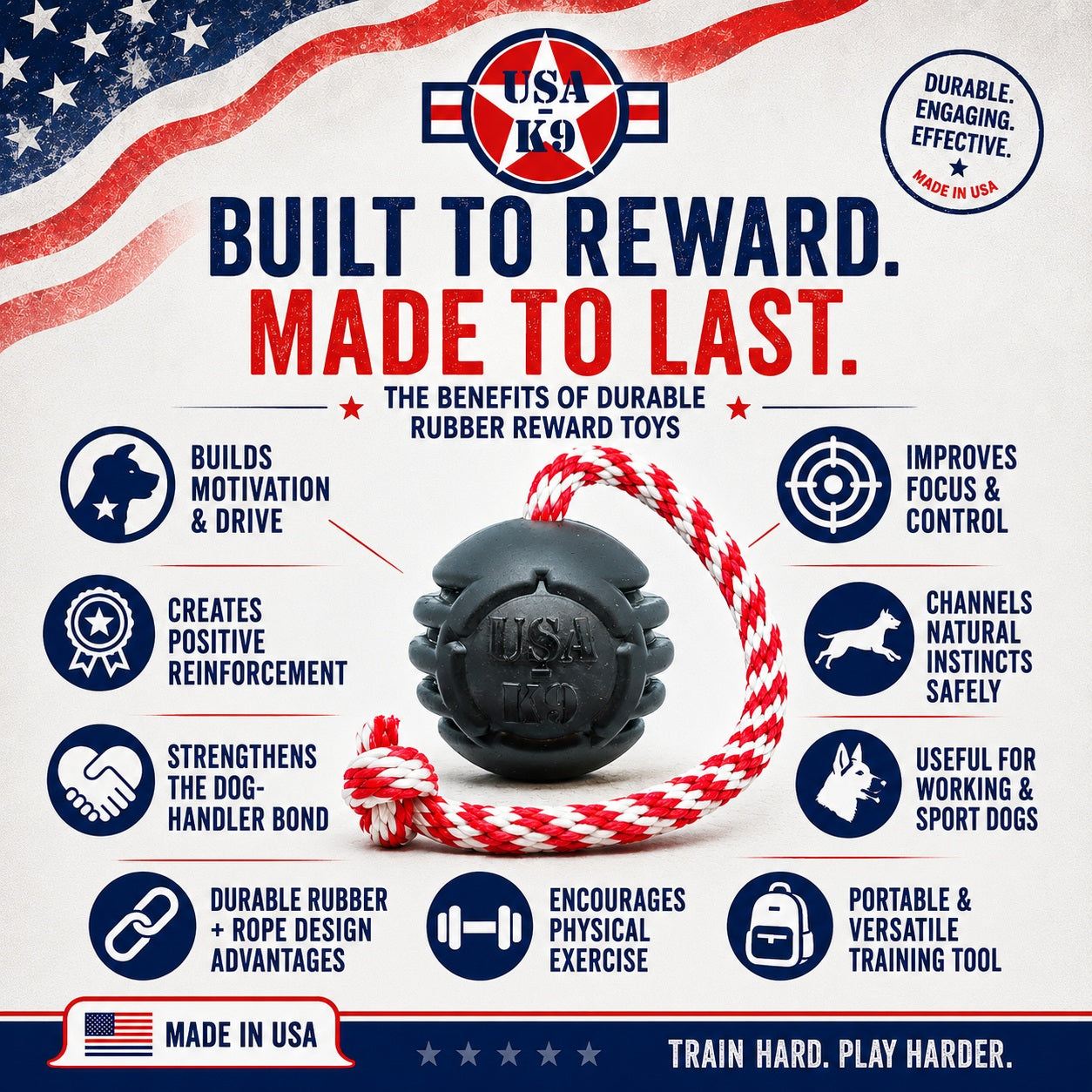 USA-K9 Magnum Stars and Stripes Rubber Dog Toy | K9 Handler Reward Toy | USA Made by SodaPup/True Dogs, LLC