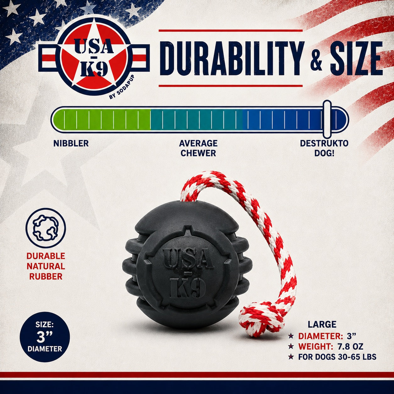 USA-K9 Magnum Stars and Stripes Rubber Dog Toy | K9 Handler Reward Toy | USA Made by SodaPup/True Dogs, LLC
